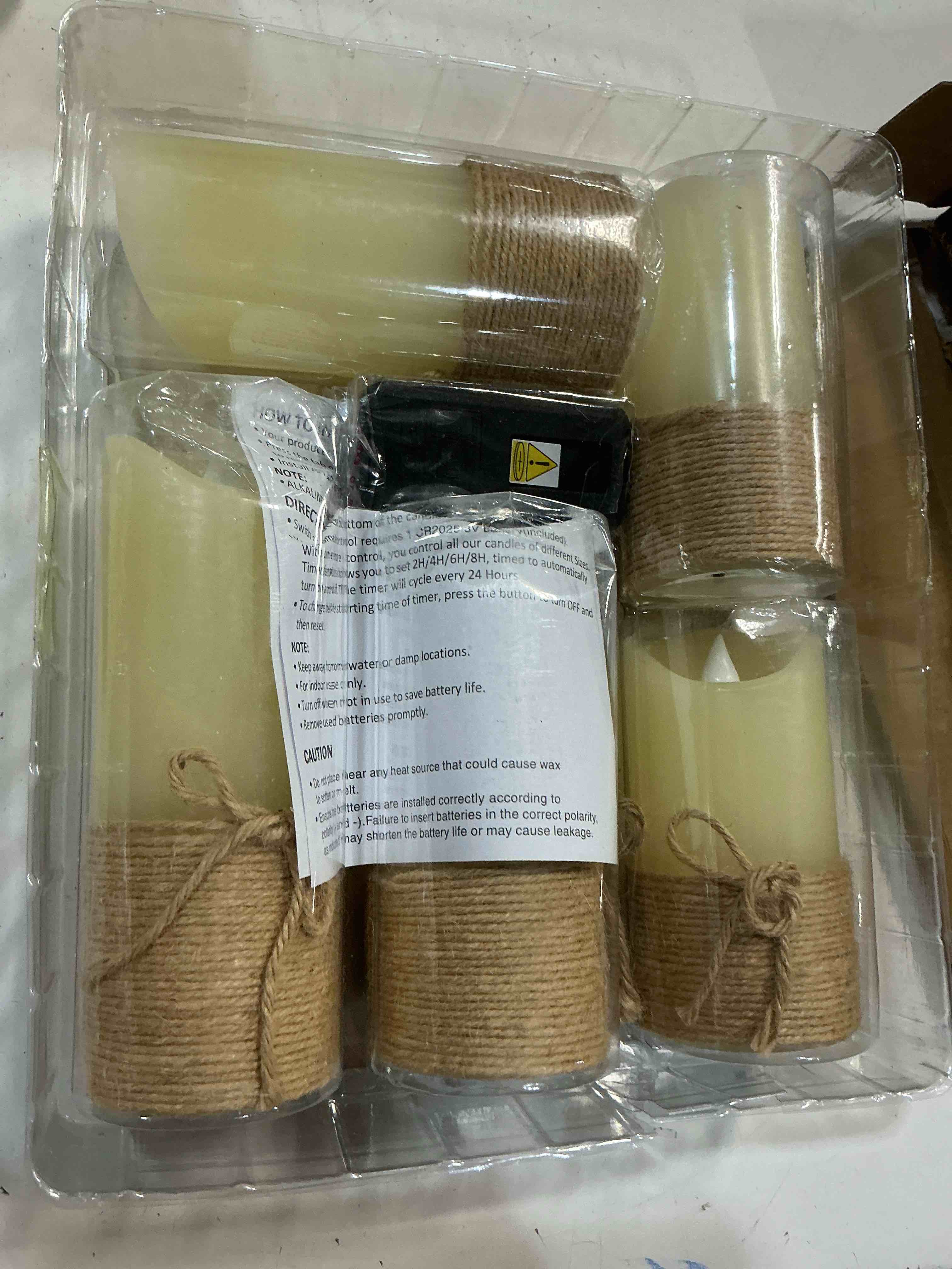 Condition photo showing New/Like New for crystal club flameless candles flickering with timer, set of 5 battery pillar candles with hemp rope, realistic wax candle lights for summer party home table décor coastal
