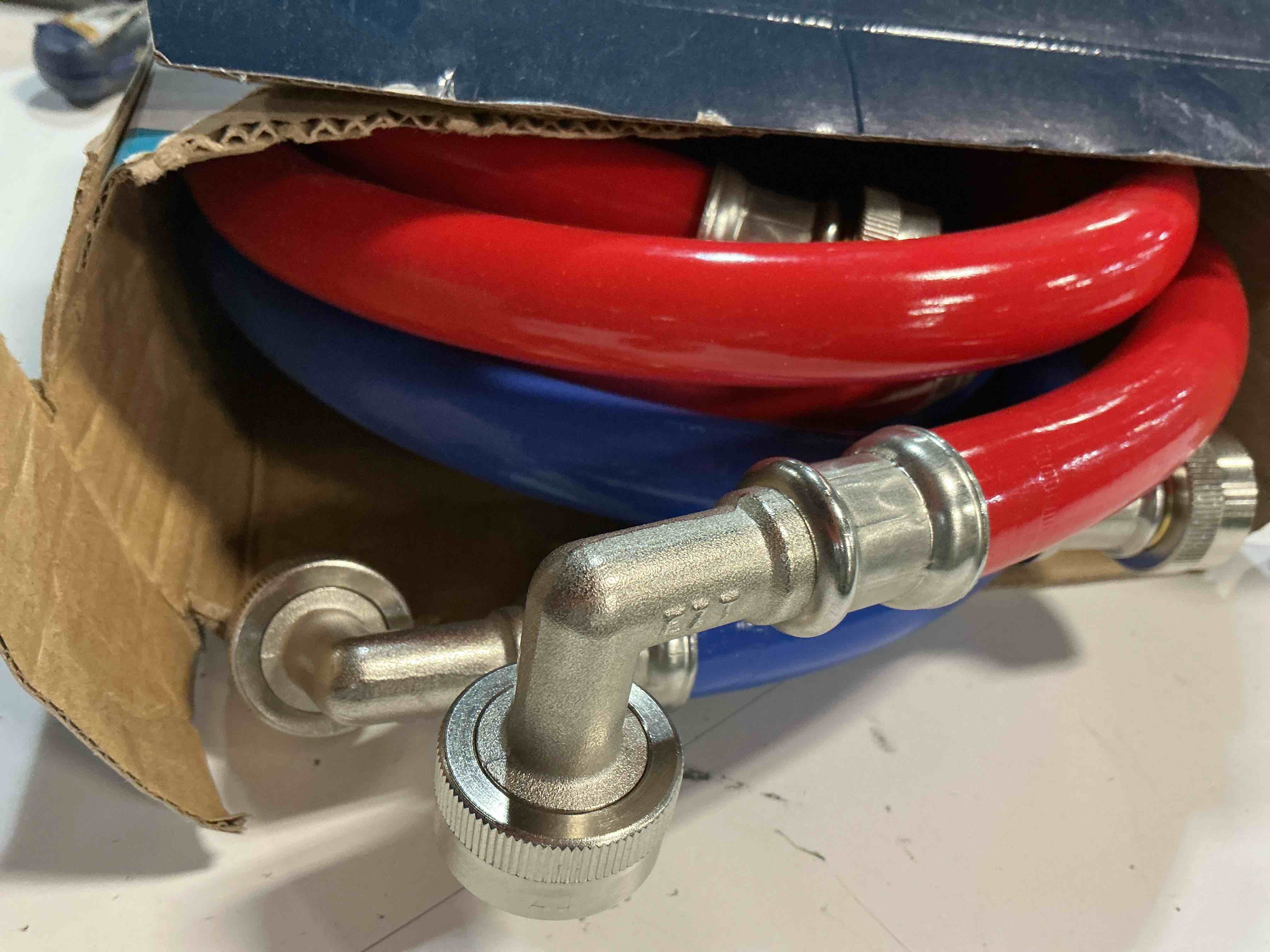 Condition photo showing As Is for 6ft washer water line/rubber washing machine hoses 6ft,universal washing machine hose/washer water line for hot and cold water washer hoses (2 packs) with 3/4" connection water supply lines-by miflus