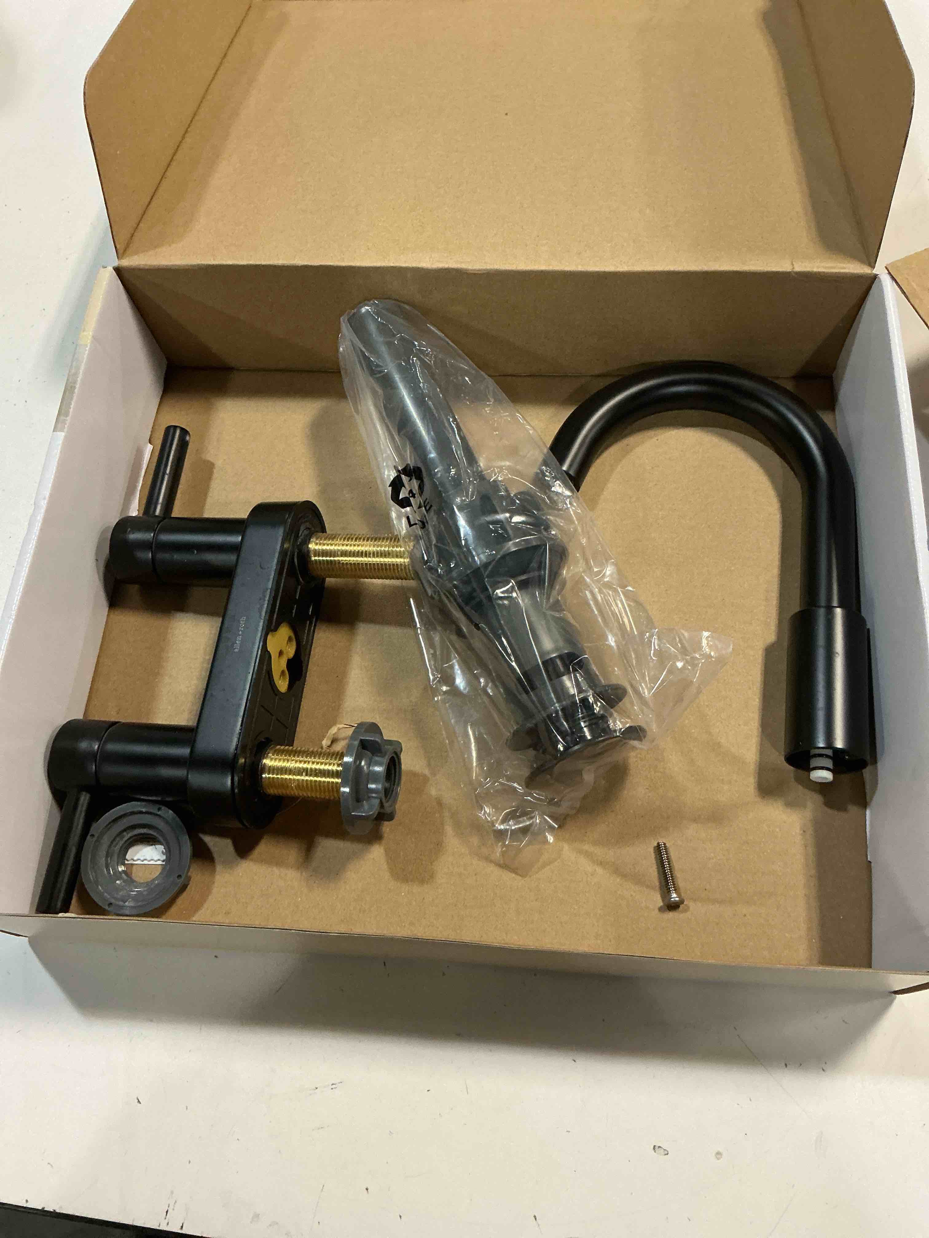 Condition photo showing As Is for allen + roth harlow simplefit matte black 4-in centerset 2-handle watersense high-arc