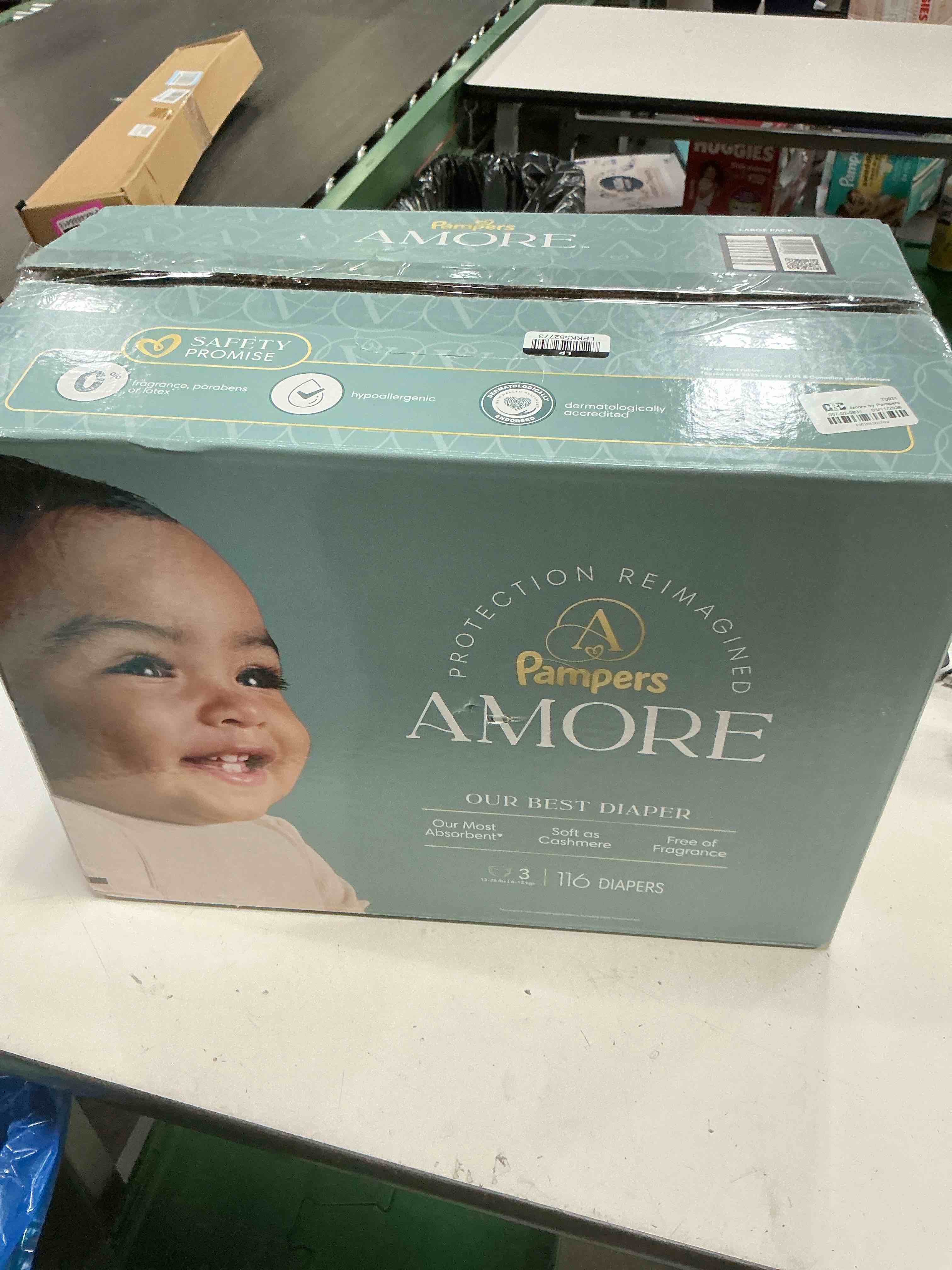 Condition photo showing New/Like New for amore by pampers diapers enormous pack - size 3 - 116ct: diaper weight range 13-24 lbs, disposable, with cellulose