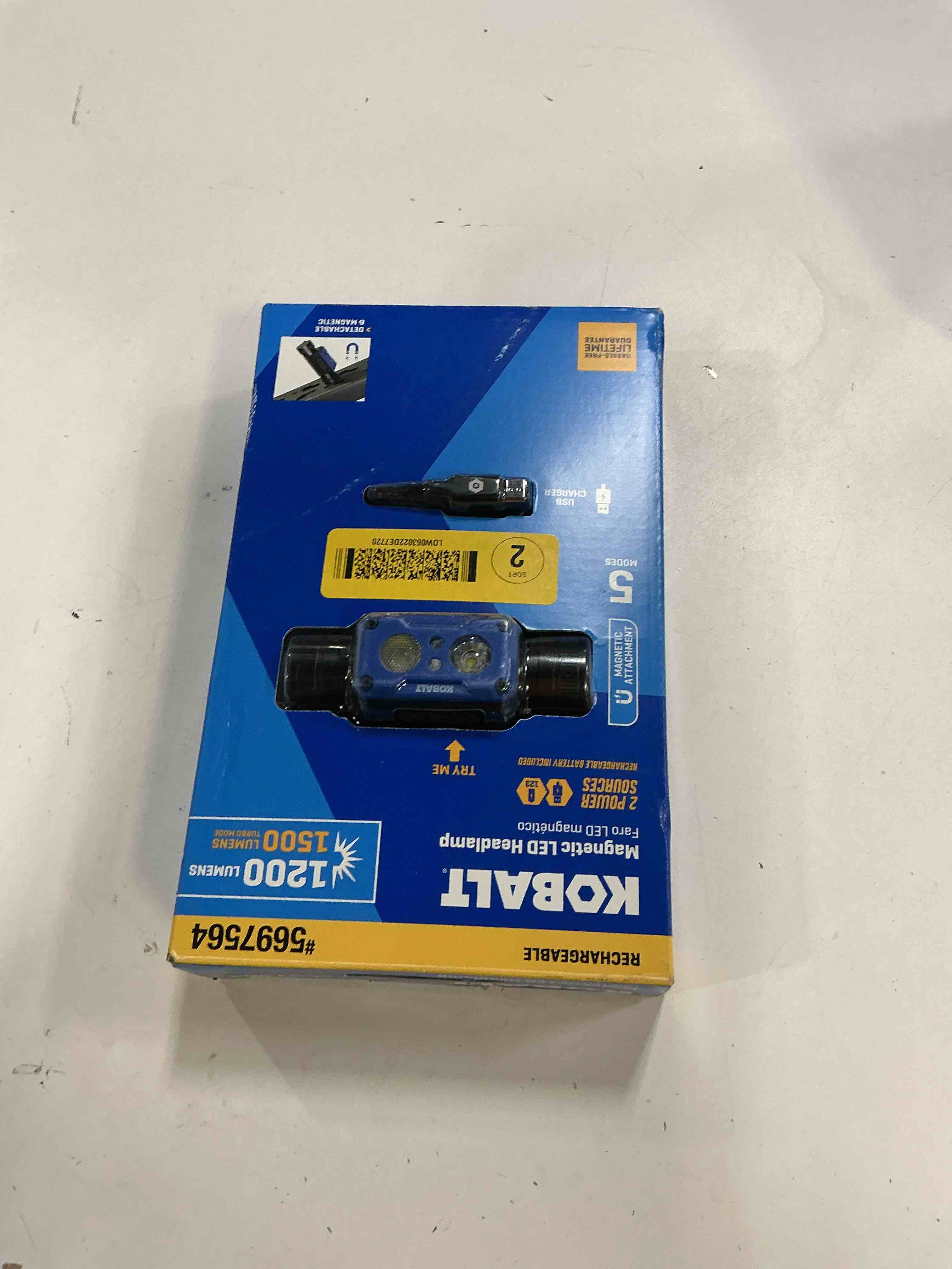 Condition photo showing As Is for kobalt 1200-lumen 5 -mode led rechargeable headlamp