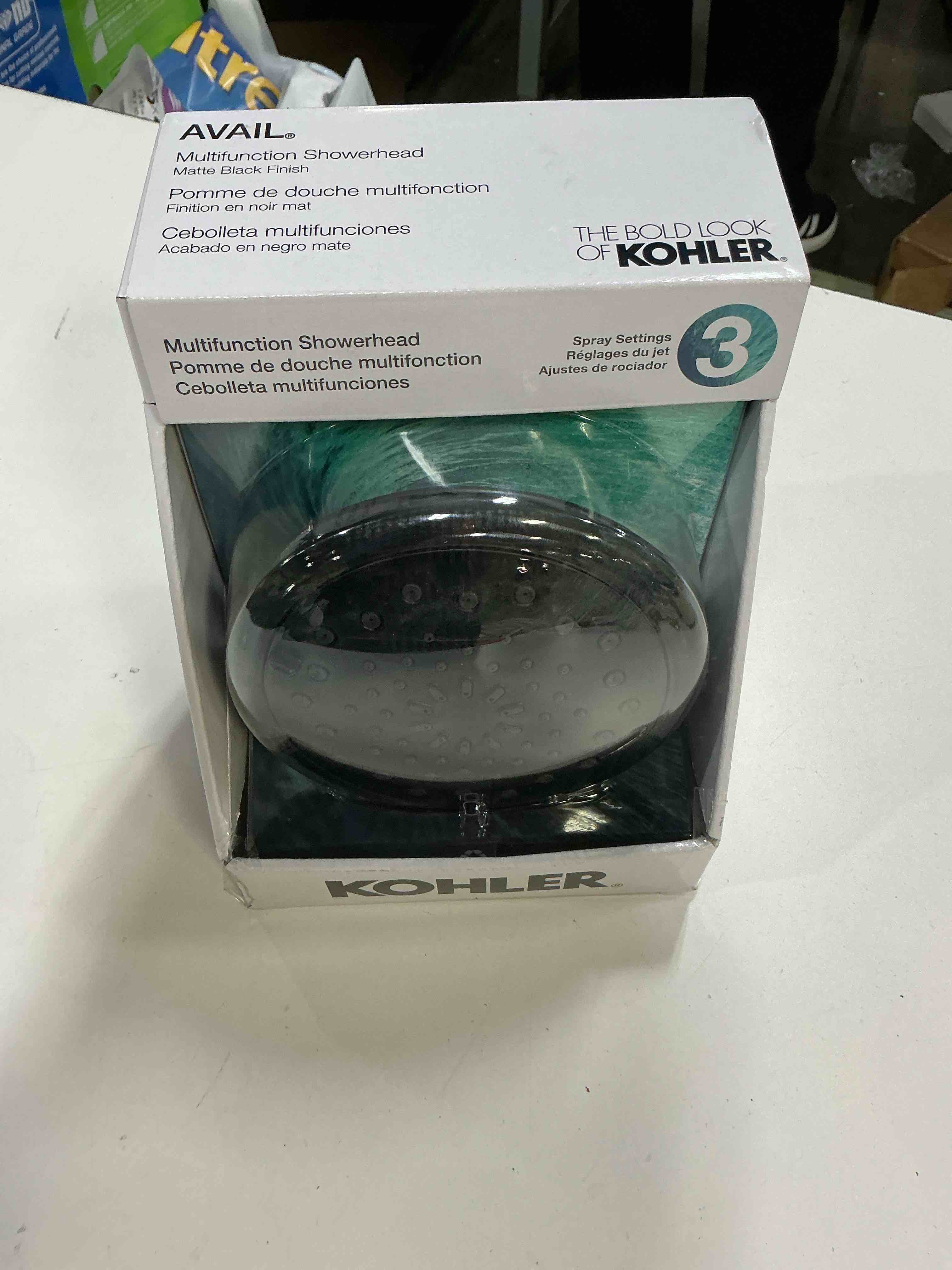 Condition photo showing As Is for kohler avail matte black round fixed shower head