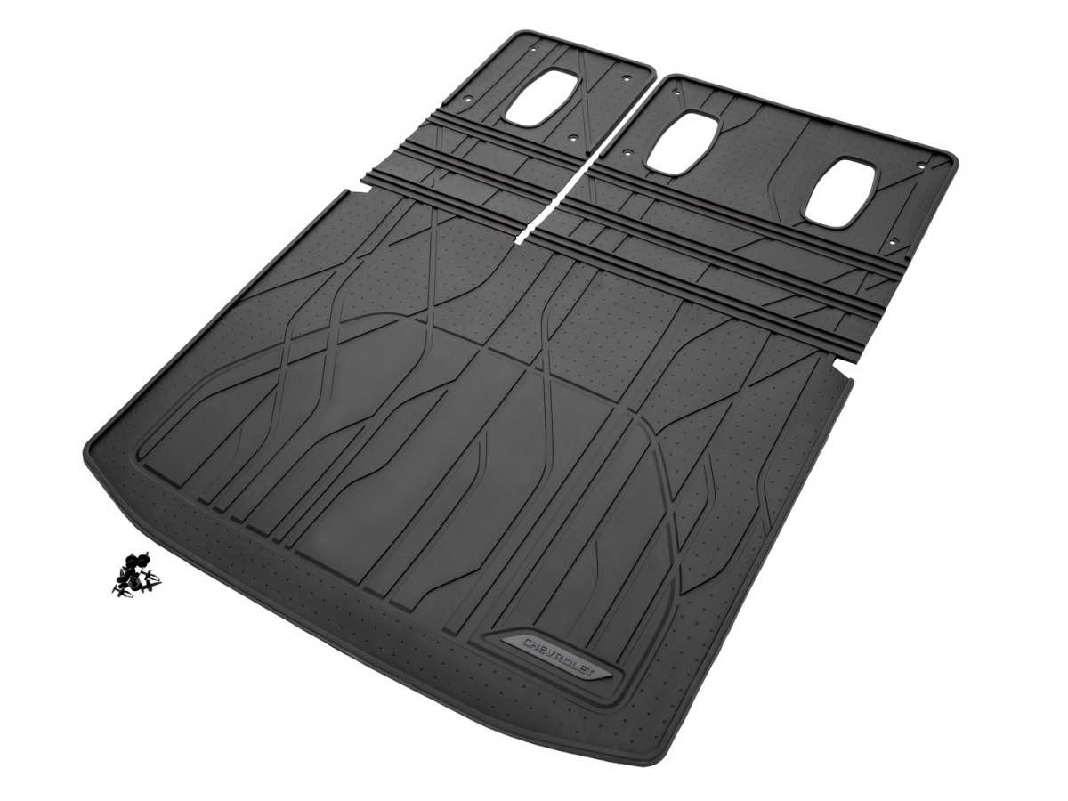 chevrolet integrated all weather cargo liner with rear seatback protector in black with chevrolet logo