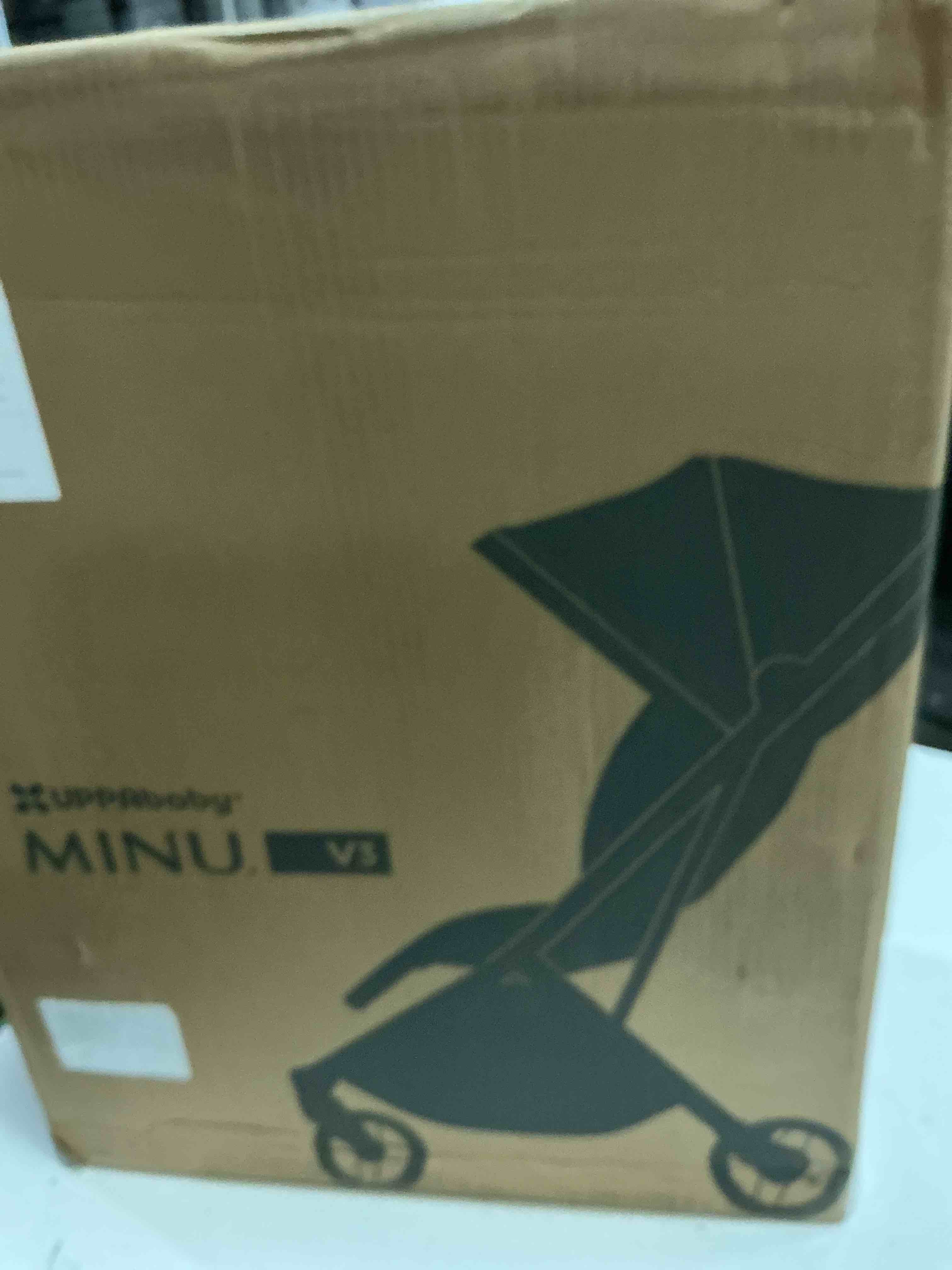 Condition photo showing New/Like New for uppababy minu v3 travel stroller | lightweight + compact design | one-hand fold + unfold | from birth + overhead compatible | savannah (pearl gray mélange/carbon frame/chestnut leather)