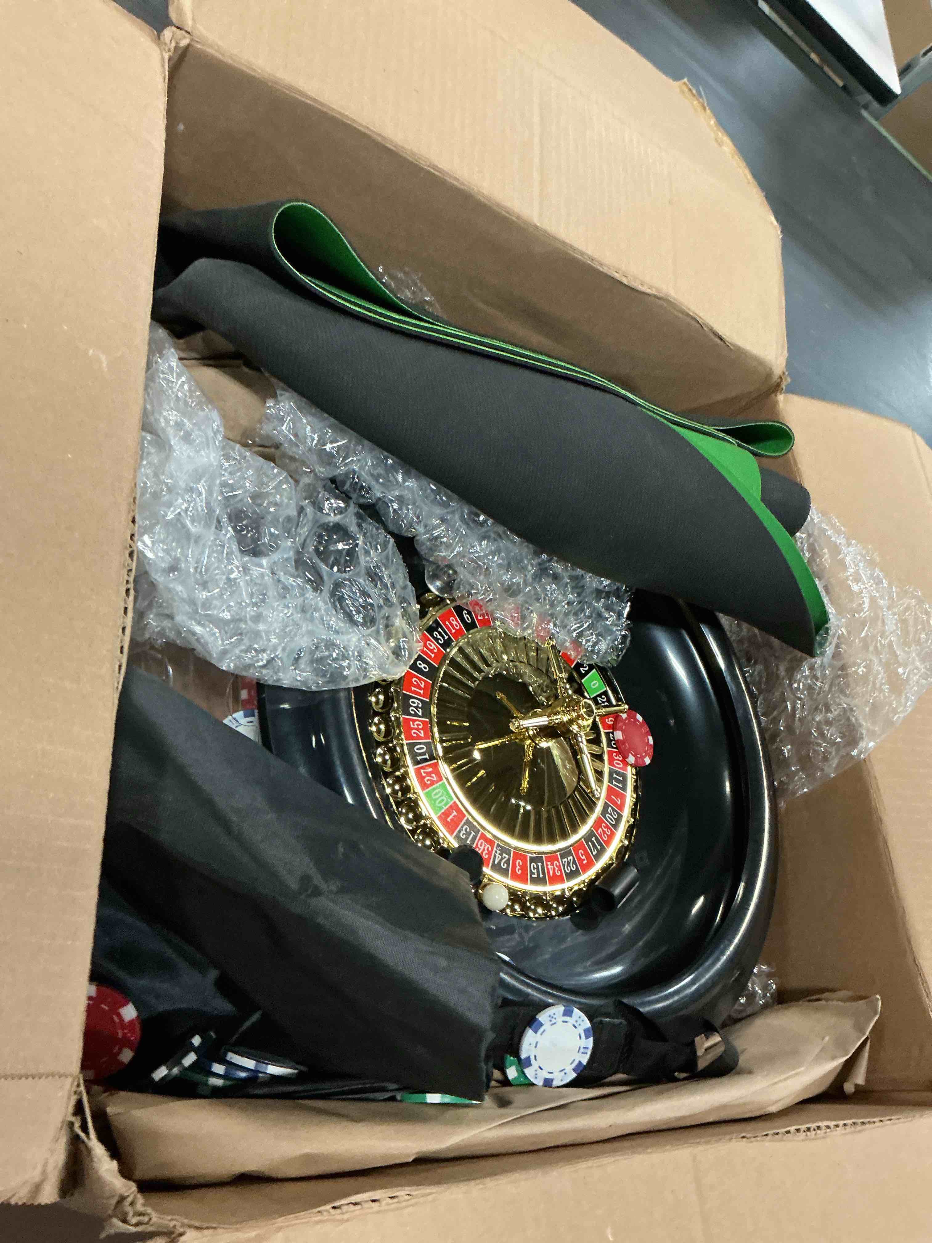 Condition photo showing As Is for roulette wheel game set include 16'' black roulette wheel 35" x 16" rubber tabletop layout mat, 100 chips dealer button win marker casino game sets gift ideas(green)