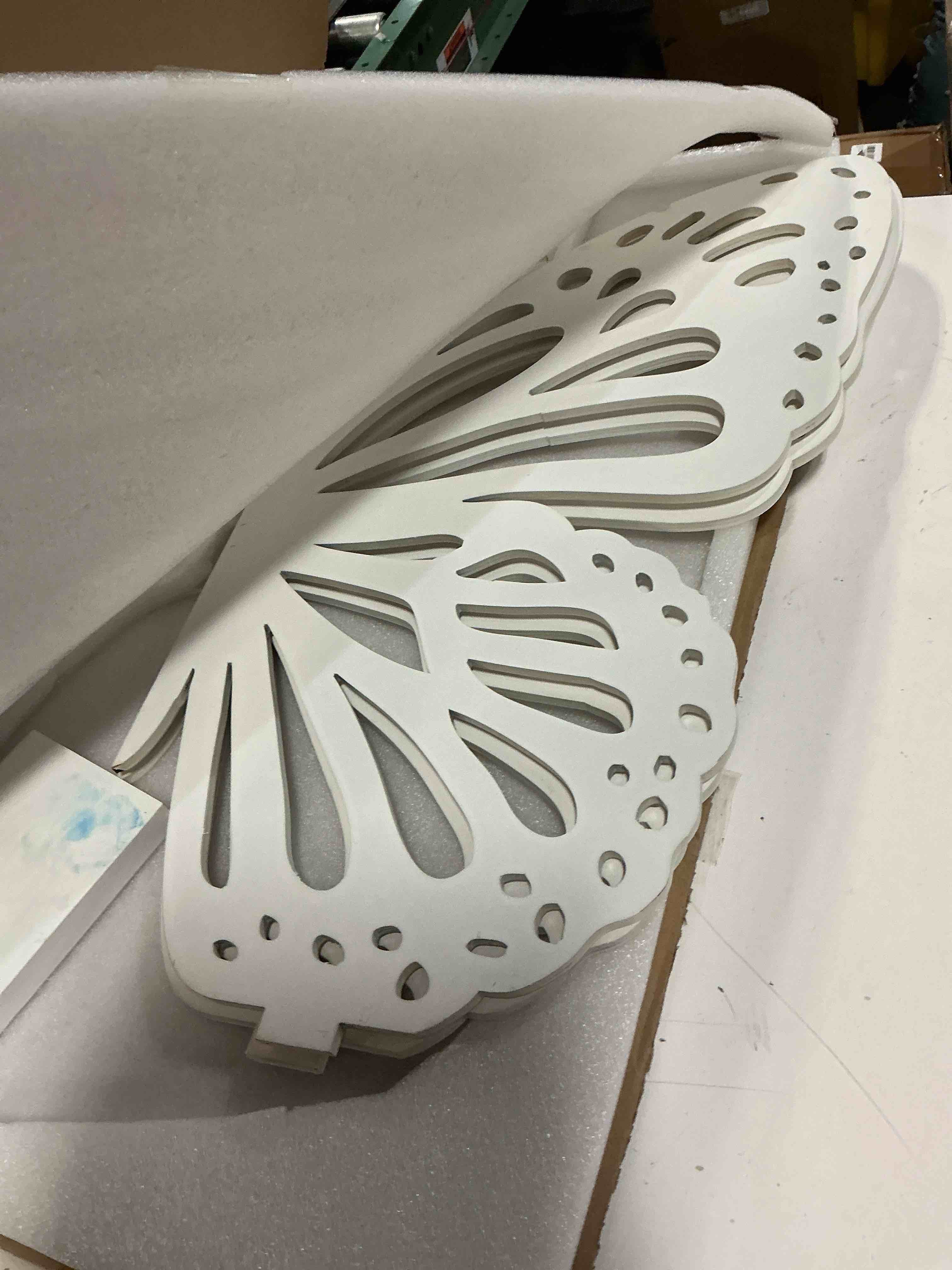 Condition photo showing As Is for large wooden butterfly decor 24 x 28 inches standing wood decoupage carved craft for weddings baby showers parties adjustable wings diy backdrop garden indoor decoration