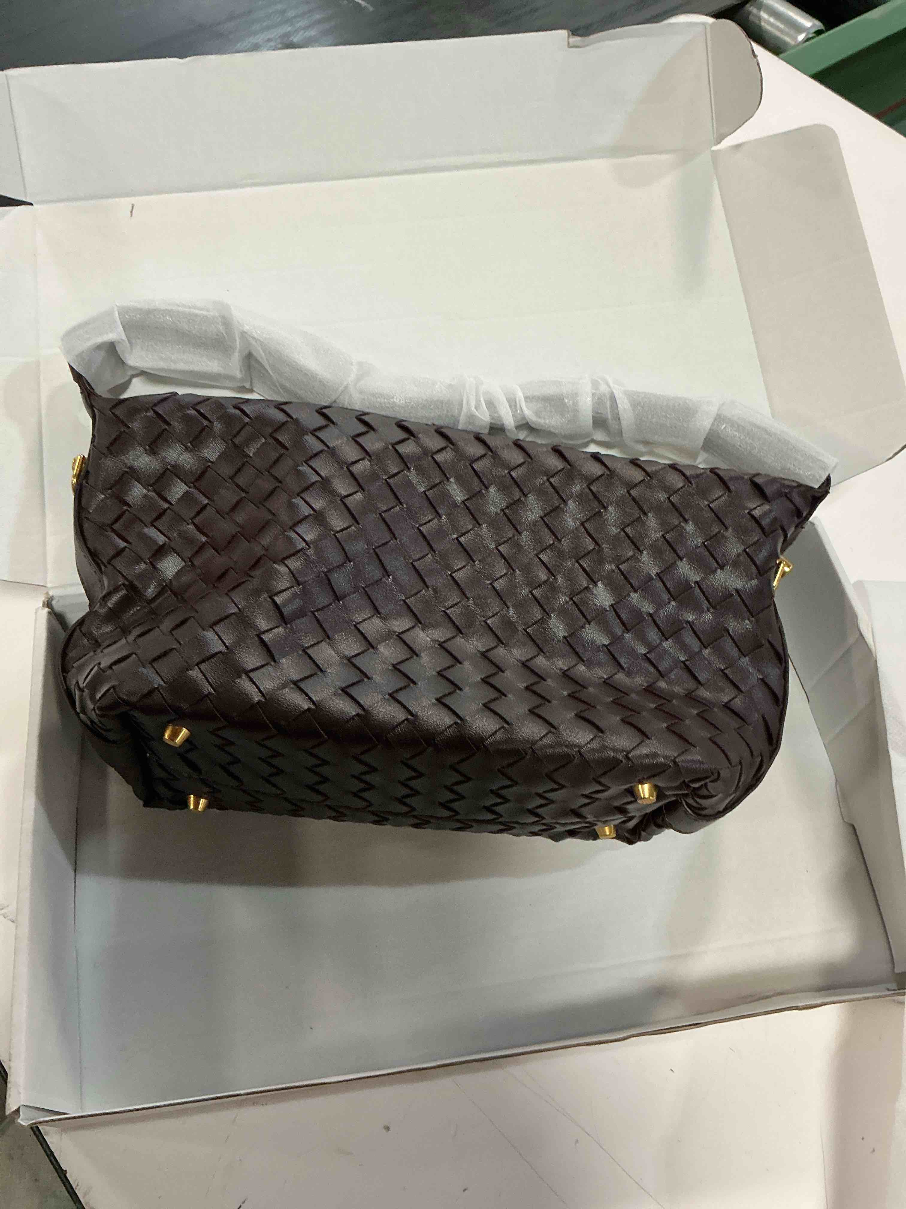Condition photo showing Good Condition for color coffe woven slouchy shoulder bag w/ 2 style straps,suede purse vegan leather woven purses for women, adjustable top-handle handbag pu