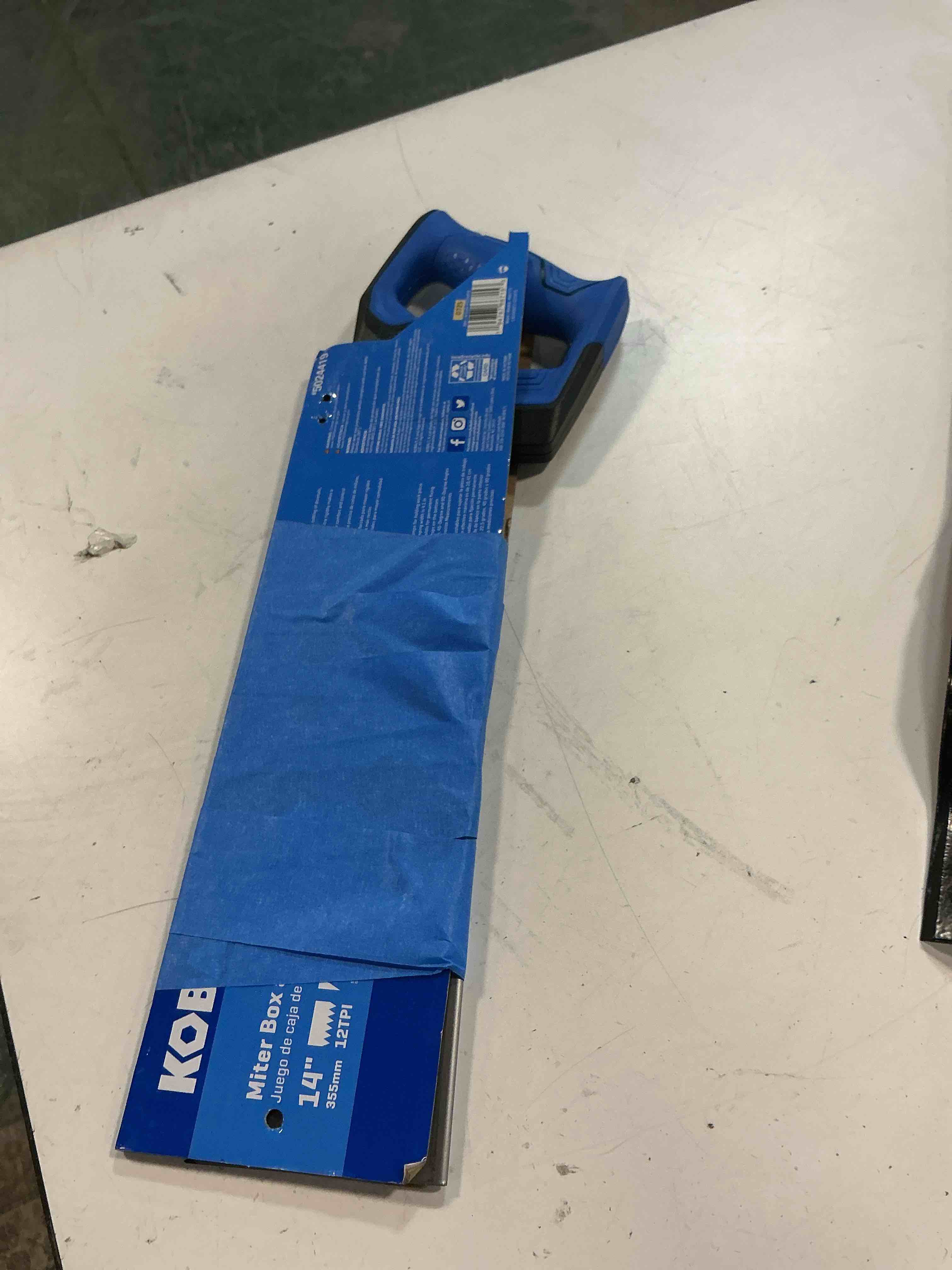 Condition photo showing As Is for kobalt miter box included 14-in fine finish cut back saw