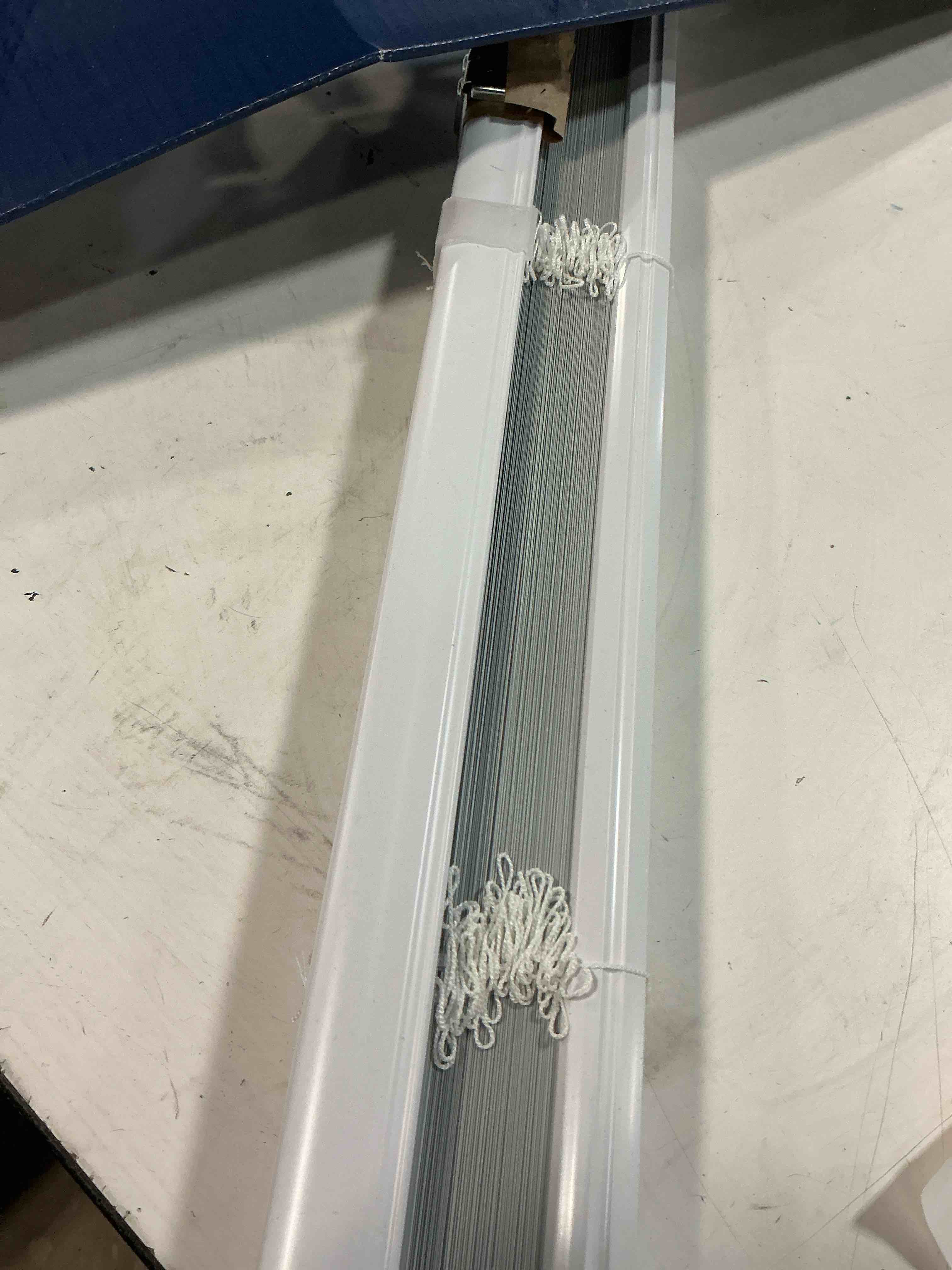 Condition photo showing As Is for levolor trim+go 1-in slat width 54-in x 72-in cordless white aluminum room darkening mini-blinds