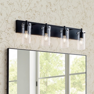 100+ bought last week allen + roth yuma 29.94-in 4 light matte black transitional bathroom vanity light bar