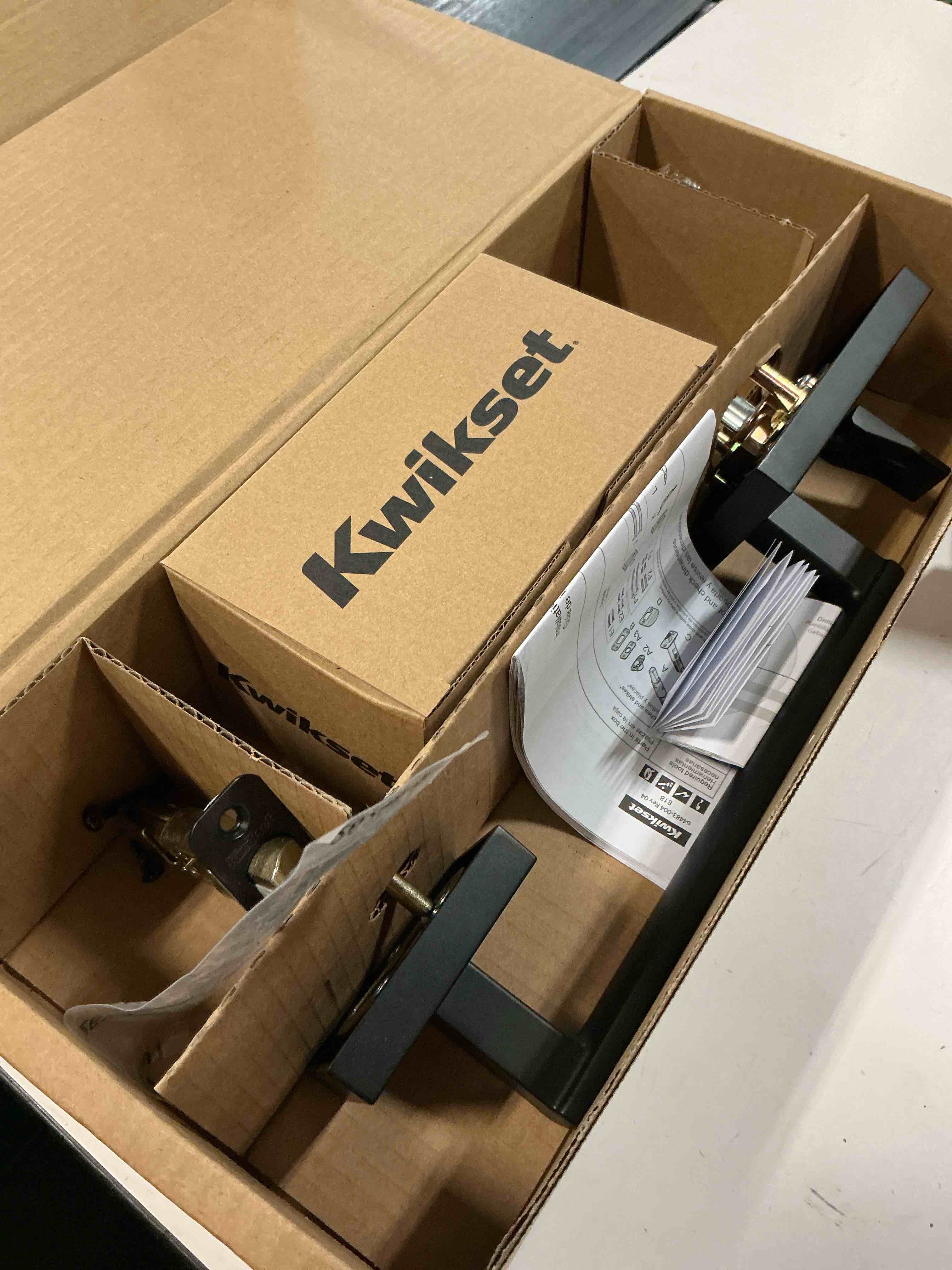 Condition photo showing As Is for kwikset 98150-011 san clemente front door handle with interior halifax lever featuring microban antimicrobial product protection, matte black (b085q99v4l)