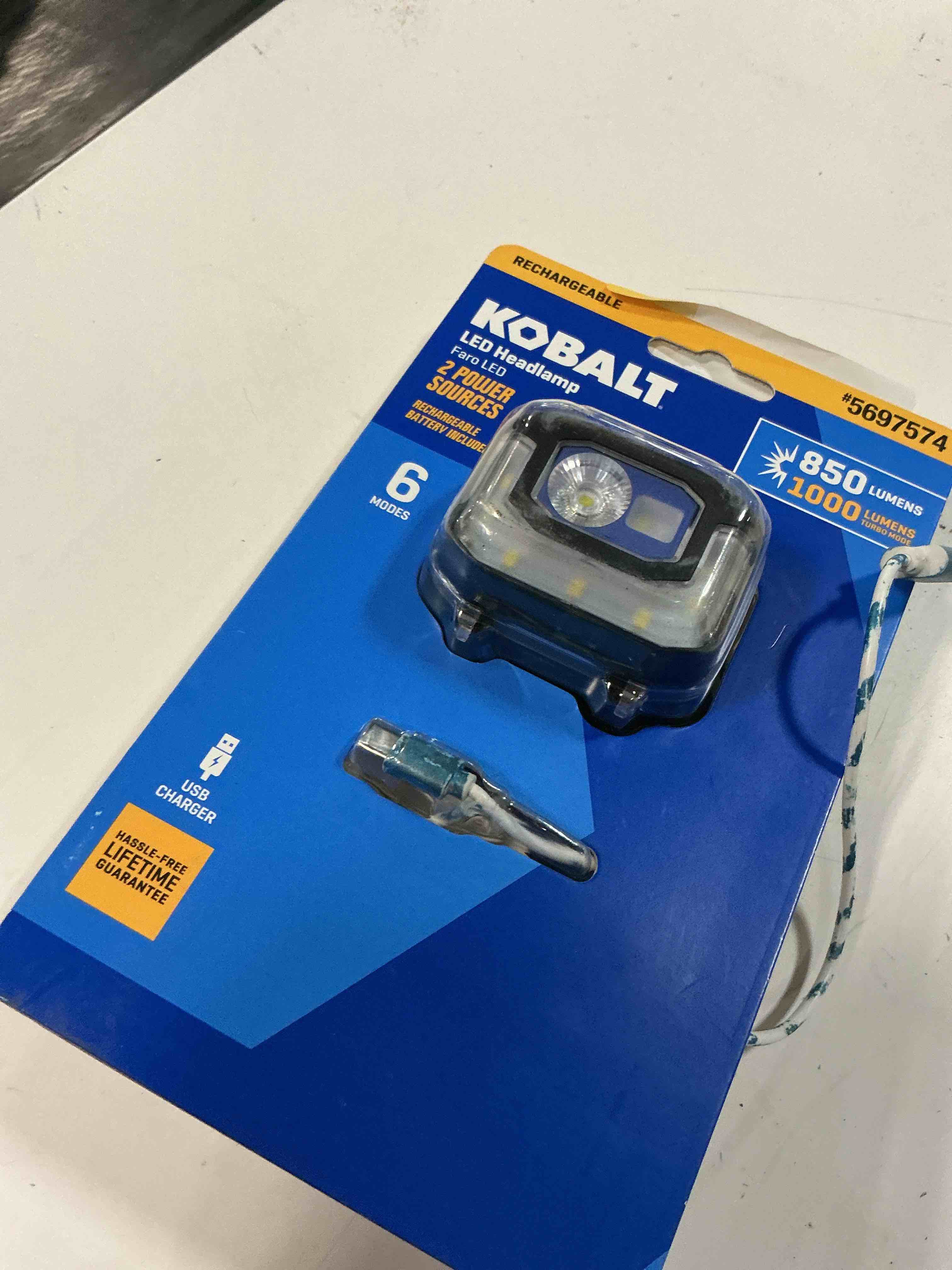 Condition photo showing As Is for kobalt 850-lumen 6 -mode led rechargeable headlamp