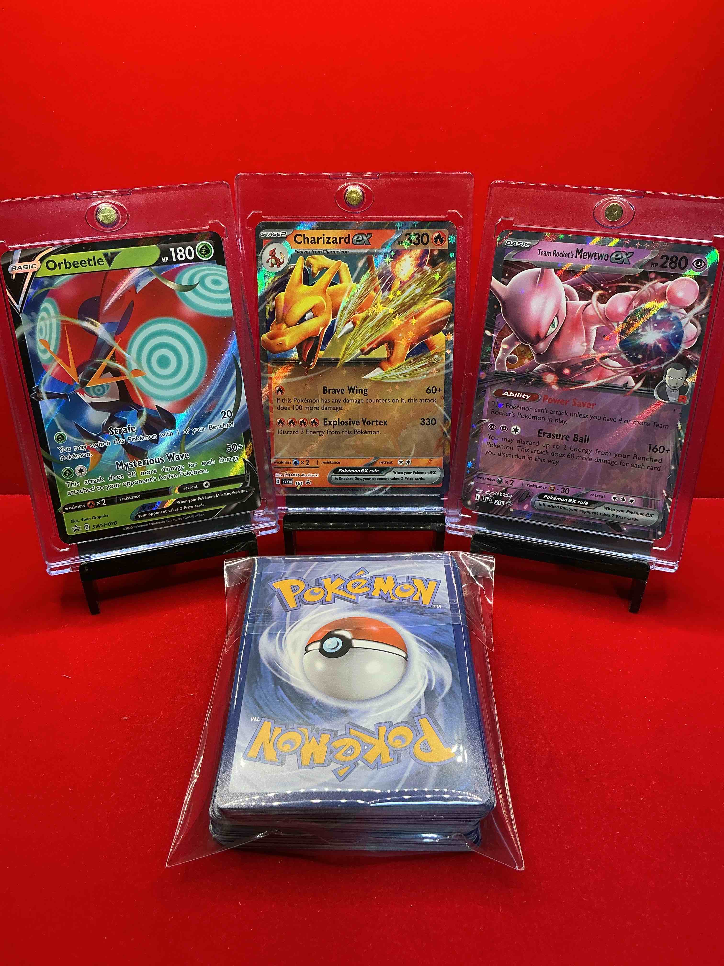 Condition photo showing New/Like New for pokémon palooza! charizard ex! mewtwo ex! orbeetle v! along with 50 other pokémon heroes, holos, legends & commons- including holographic cards, stage 2 card, holos in many forms & more! also includes non holo common/ uncommon basic & first stage cards & maybe even trainers & energy too! perfect set for collectors & enthusiasts!