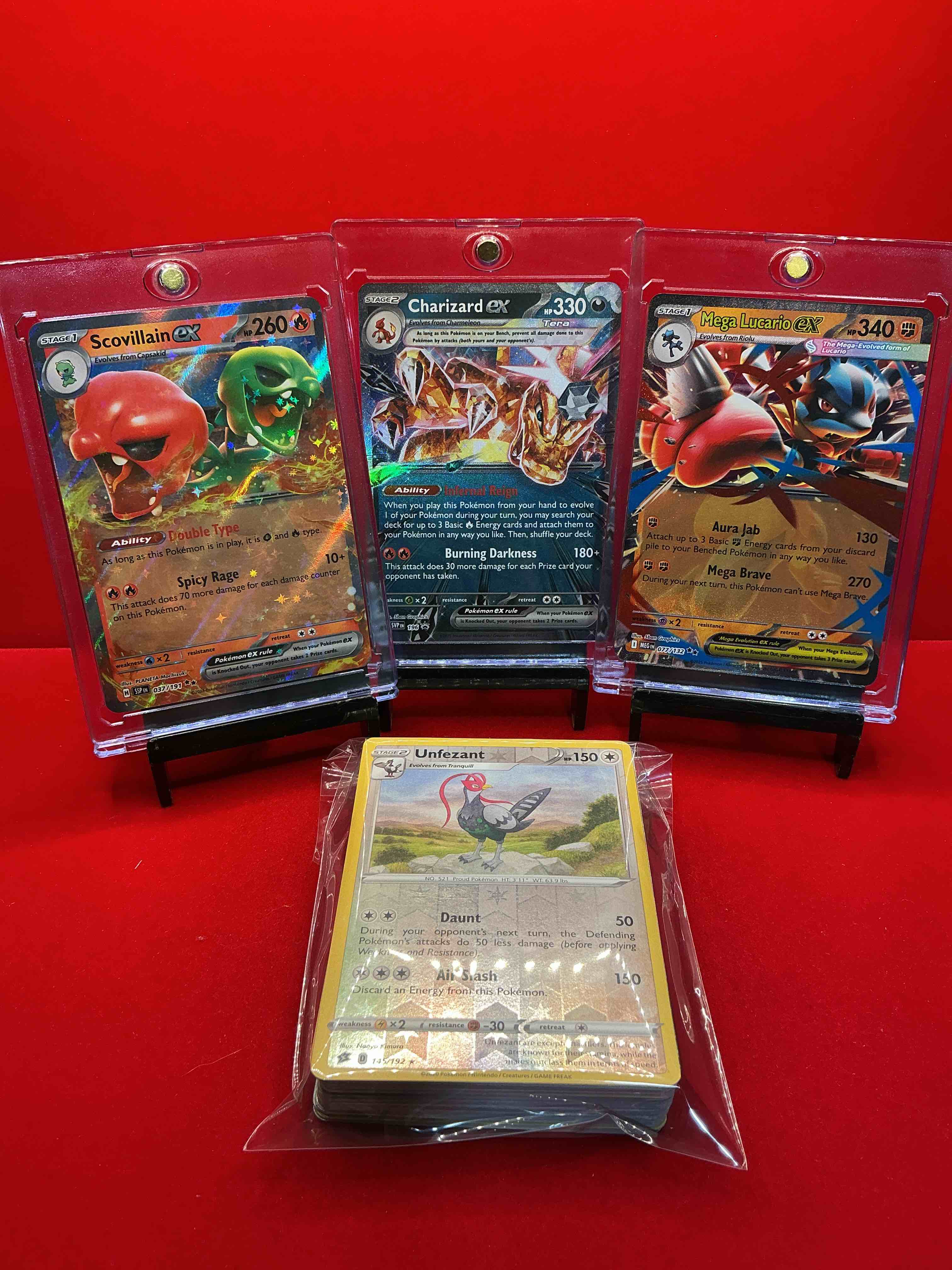 pokémon! charizard ex! mega lucario ex! scovillain ex! along with 50 other pokémon heroes, holos, legends & commons- including holographic cards, stage 2 card, holos in many forms & more! also includes non holo common/ uncommon basic & first stage cards & maybe even trainers & energy too! perfect set for collectors & enthusiasts!