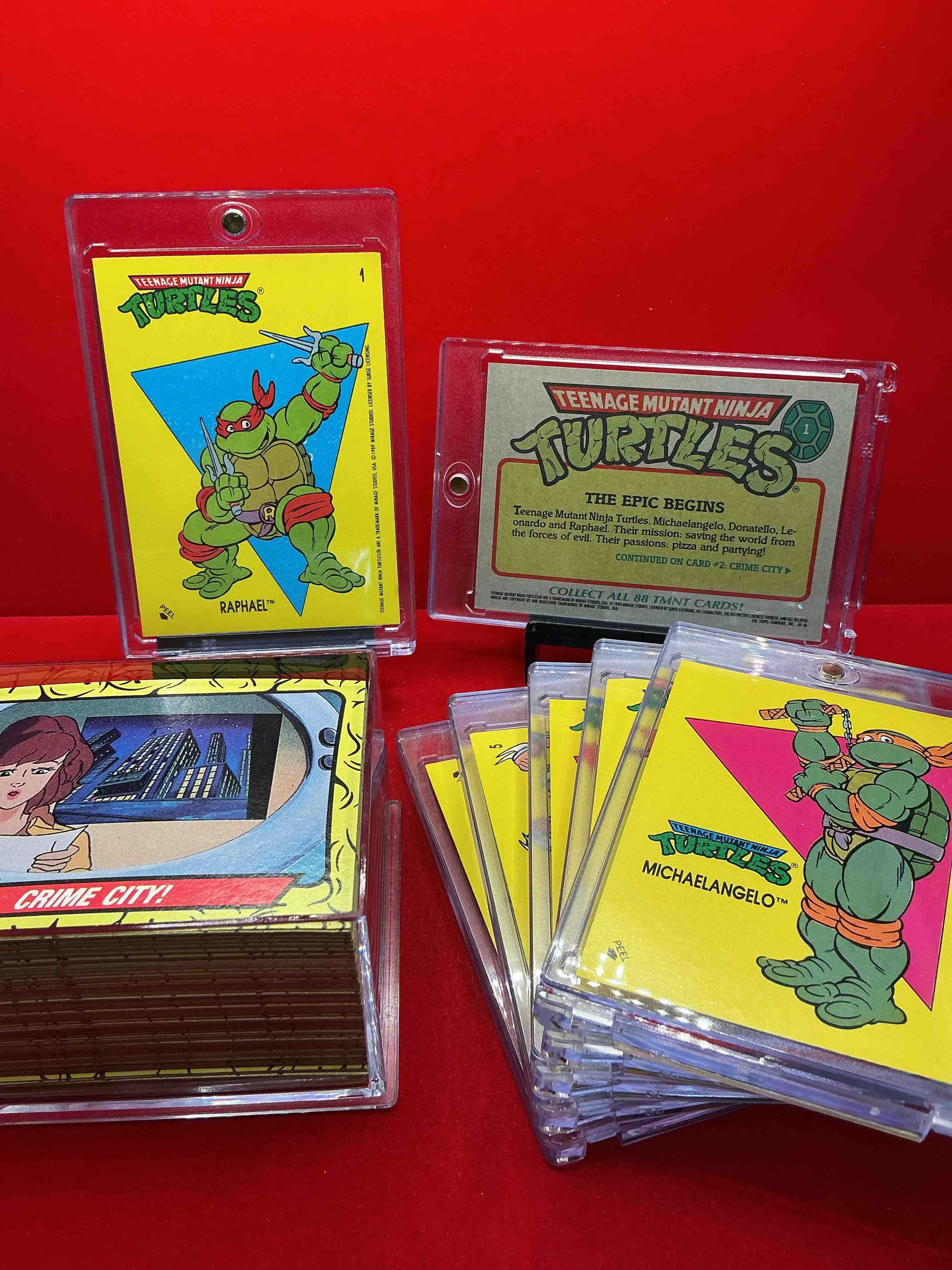 Condition photo showing New/Like New for 1989 ninja turtle wow! totally complete original, authentic teenage mutant ninja turtles complete trading card & stickers! all 88 cards & 11 stickers included, for a total qty of 99! excellent condition! your chance to own a genuine tmnt original serious collectible!