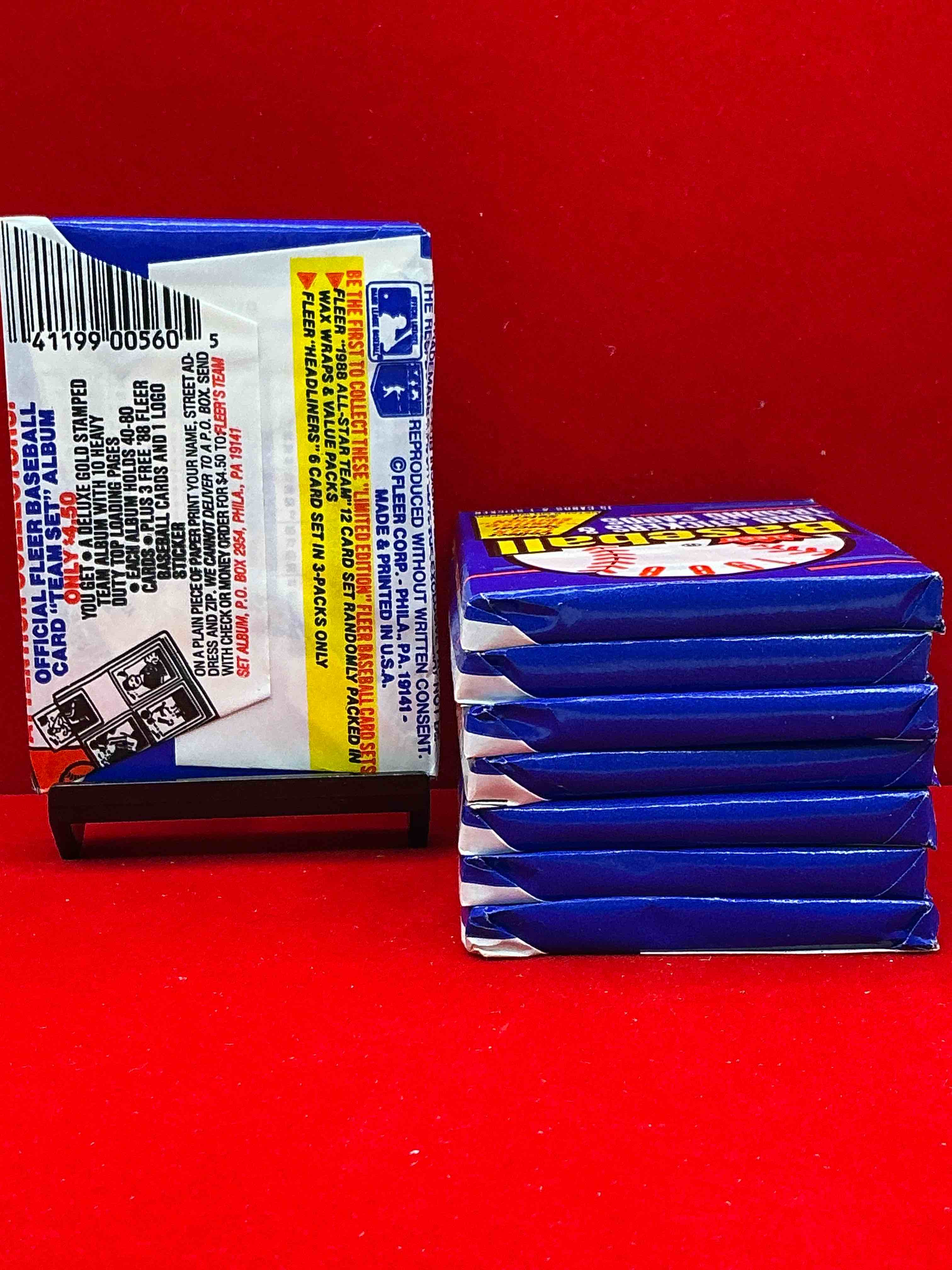 Condition photo showing New/Like New for 80's baseball fan's rejoice! 1988 fleer baseball unopened wax packs full of collectible trading cards! search for valuable don mattingly & nolan ryan cards worth hundreds in perfect condition!