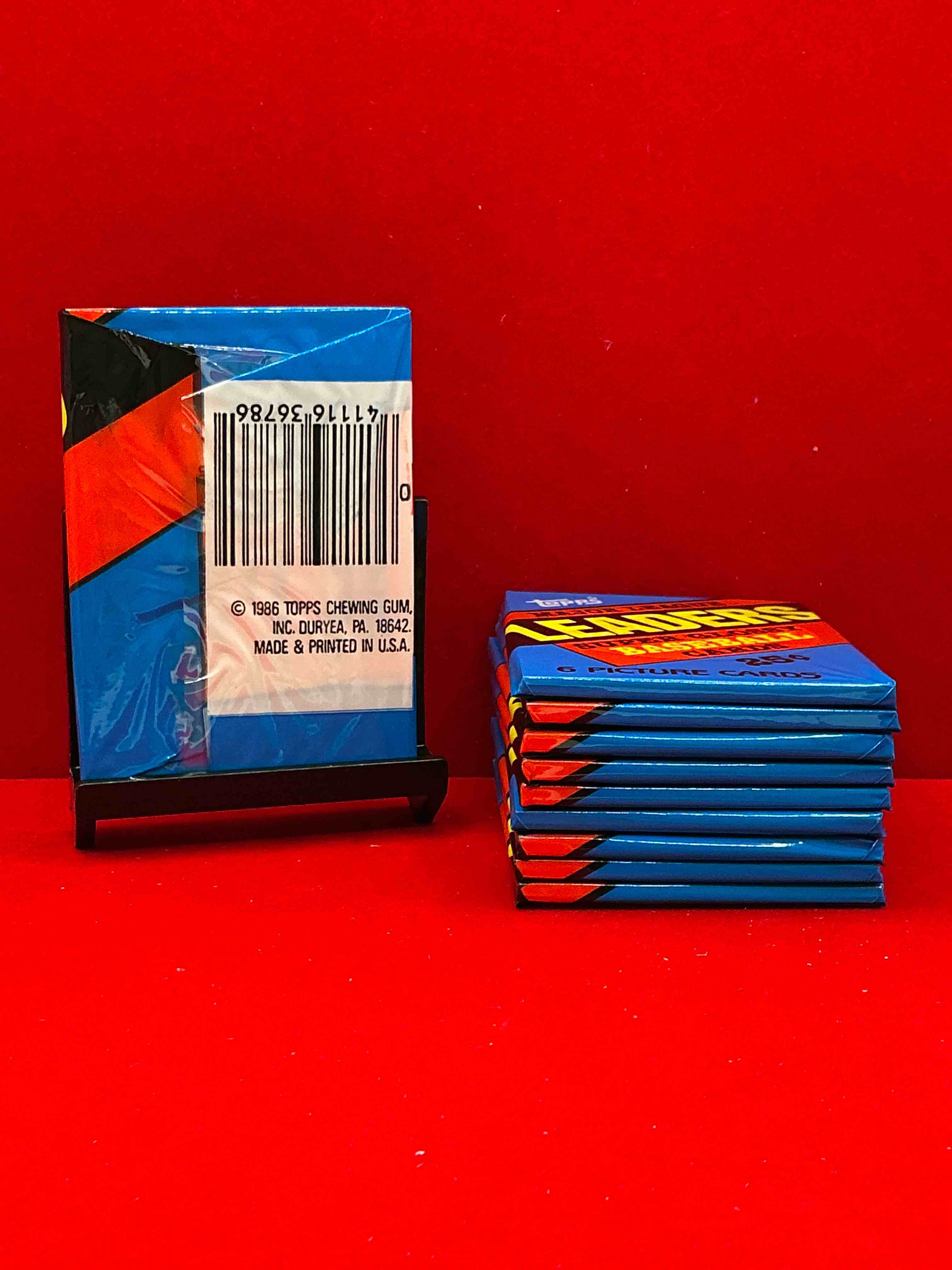 Condition photo showing New/Like New for ultra rare! 1986 "mlb leaders" unopened miniature baseball collectible card packs, 6 cards per pack, direct from original retail case. super rare, impossible to find! like new condition!