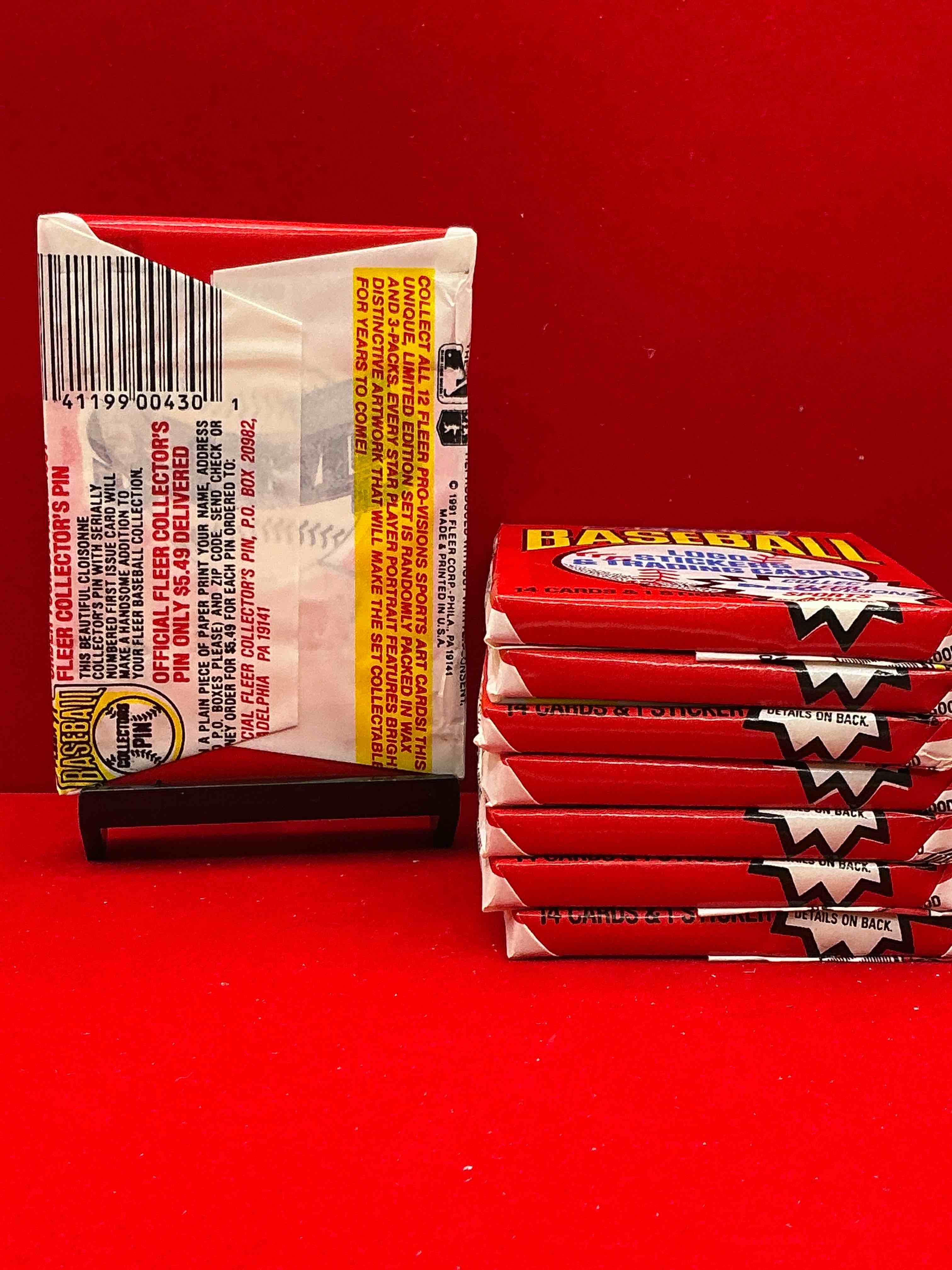 Condition photo showing New/Like New for 1991 fleer baseball unopened wax pack, direct from original sealed retail case search for griffey jr. & barry bonds "generation stars" combo card #710 (psa 10 value $200), nolan ryan, don mattingly & so much more!