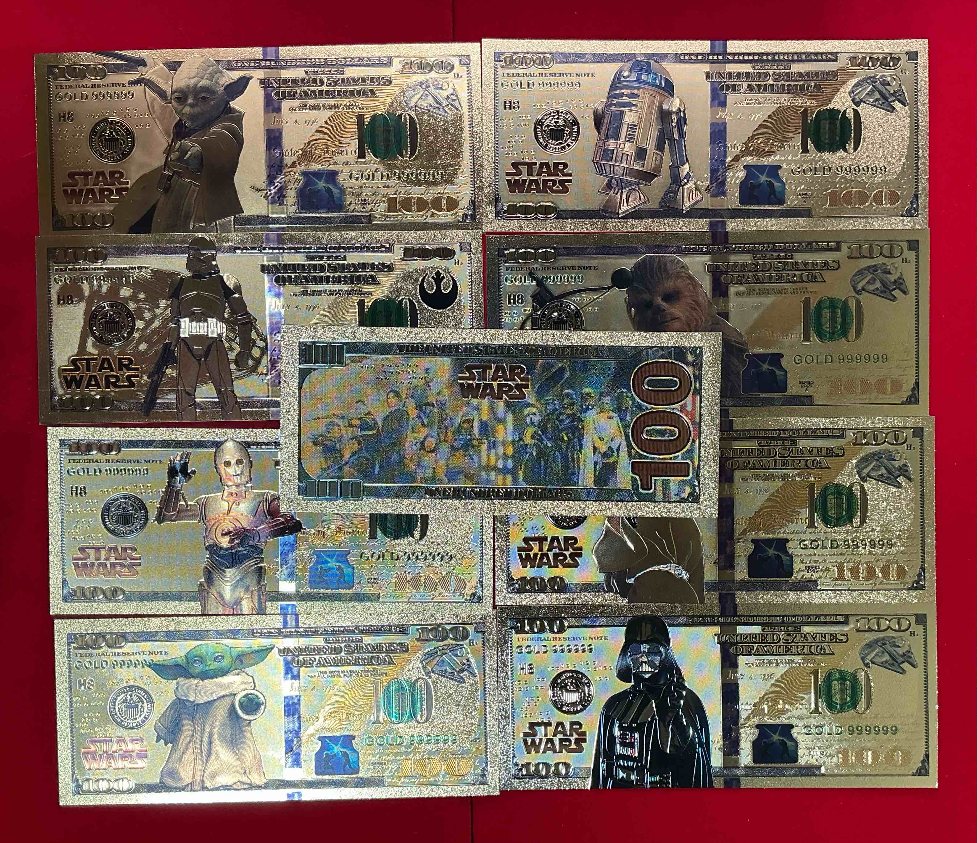 Condition photo showing Good Condition for star wars novelty gold-in-color dollars! super cool collectors cards! luke skywalker, darth vader, yoda, baby yoda, storm trooper, r2d2, c3po, chewbacca & princess leia! awesome!