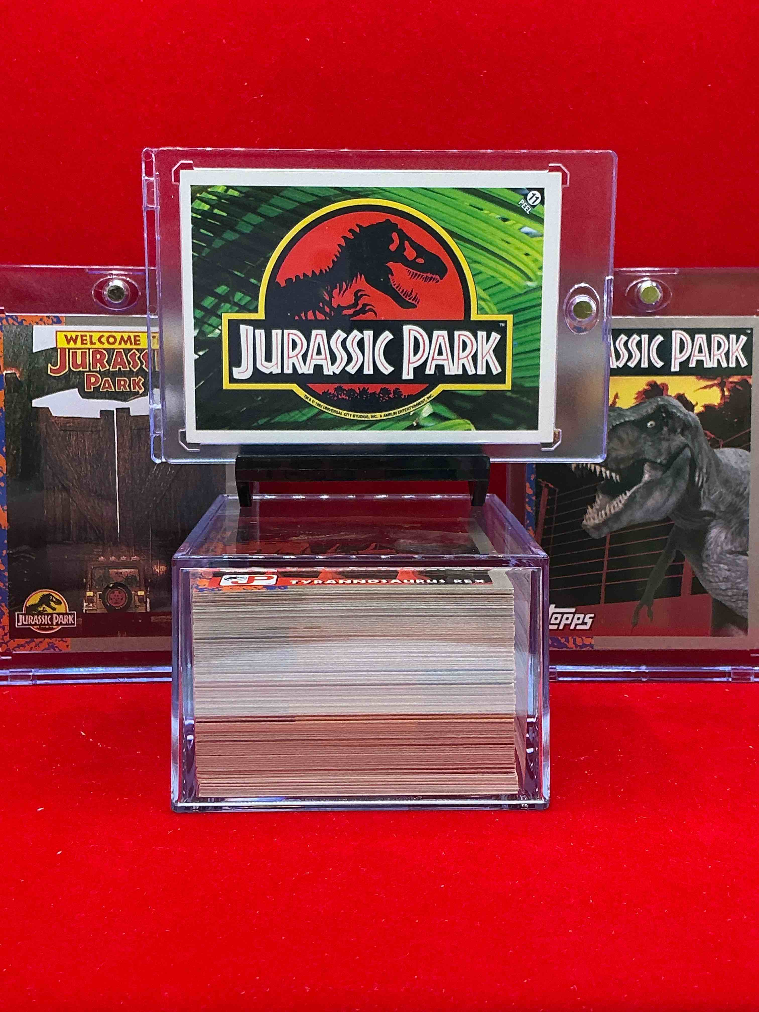 1993 dinosaur history! complete, authentic, original jurassic park movie card & sticker set, excellent condition! own a piece of spielberg’s masterpiece! a serious pop culture collector item & very rare & hard to find with all 88 cards & 11 stickers!