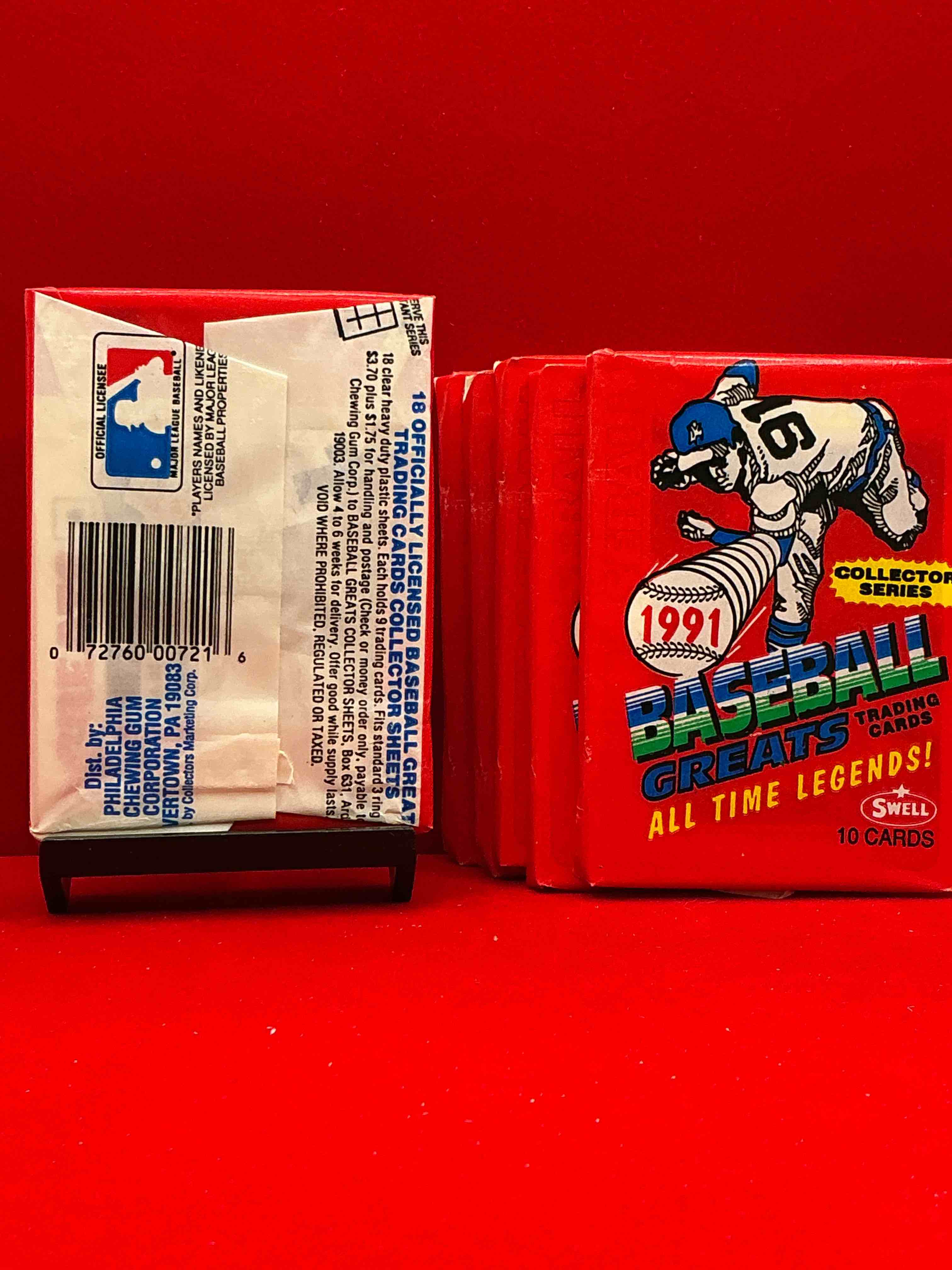 Condition photo showing New/Like New for babe ruth!? willie mays!? wow! 1991 swell baseball greats! unopened packs, direct from original retail case! look for legendary cards featuring lou gehrig, ted williams, yogi berra, lou brock & more! “baseball greats… all time legends” packs! wow! collector series!