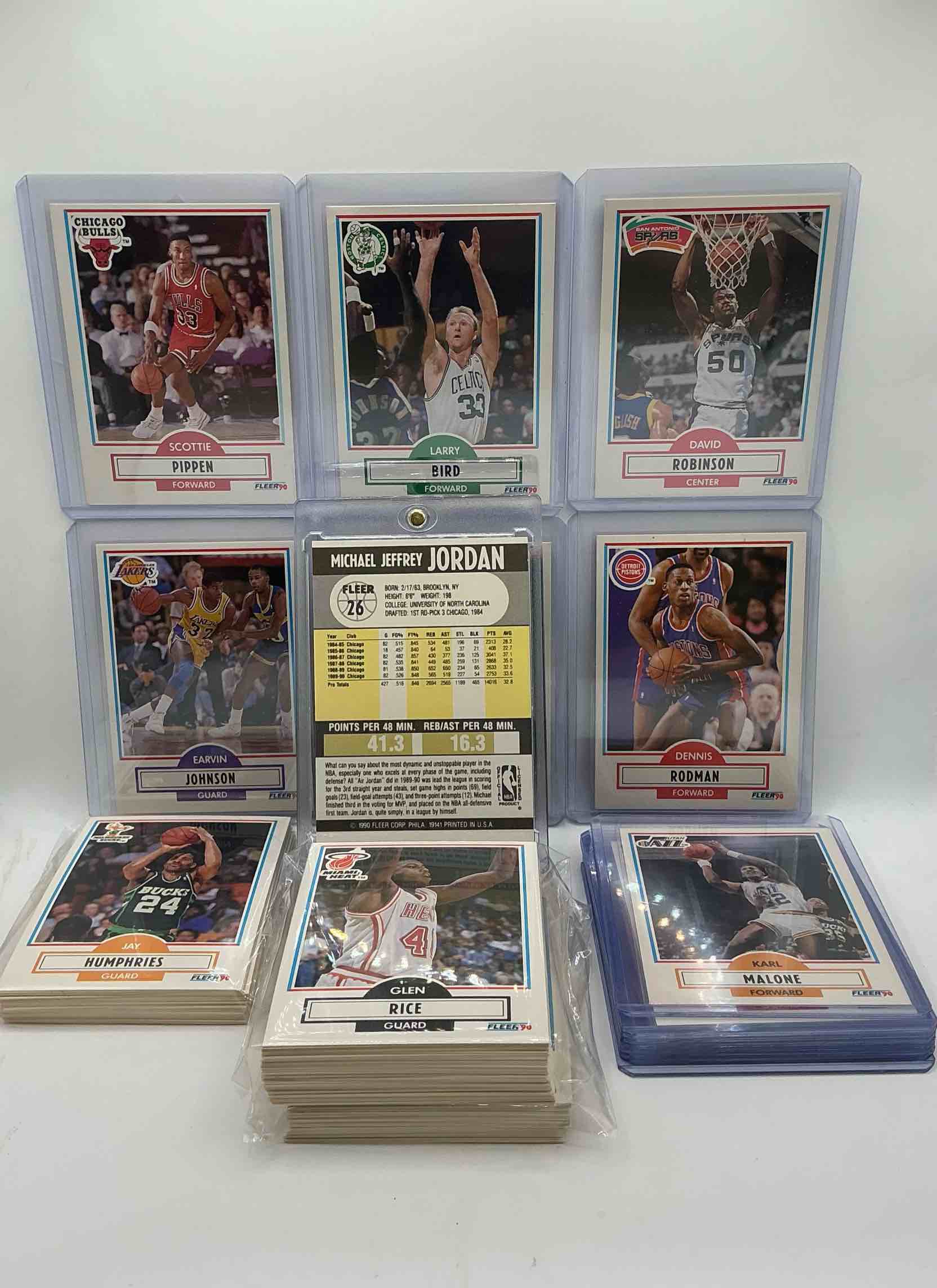 Condition photo showing New/Like New for michael jordan! 1990 fleer 100 card basketball! the best cards from the year! michael jordan, magic johnson, larry bird, scottie pippen, david robinson, charles barkley, karl malone, clyde drexler & more! all stars, hall of famers, champions & more, the perfect mix of miscellaneous '90 nba variety!