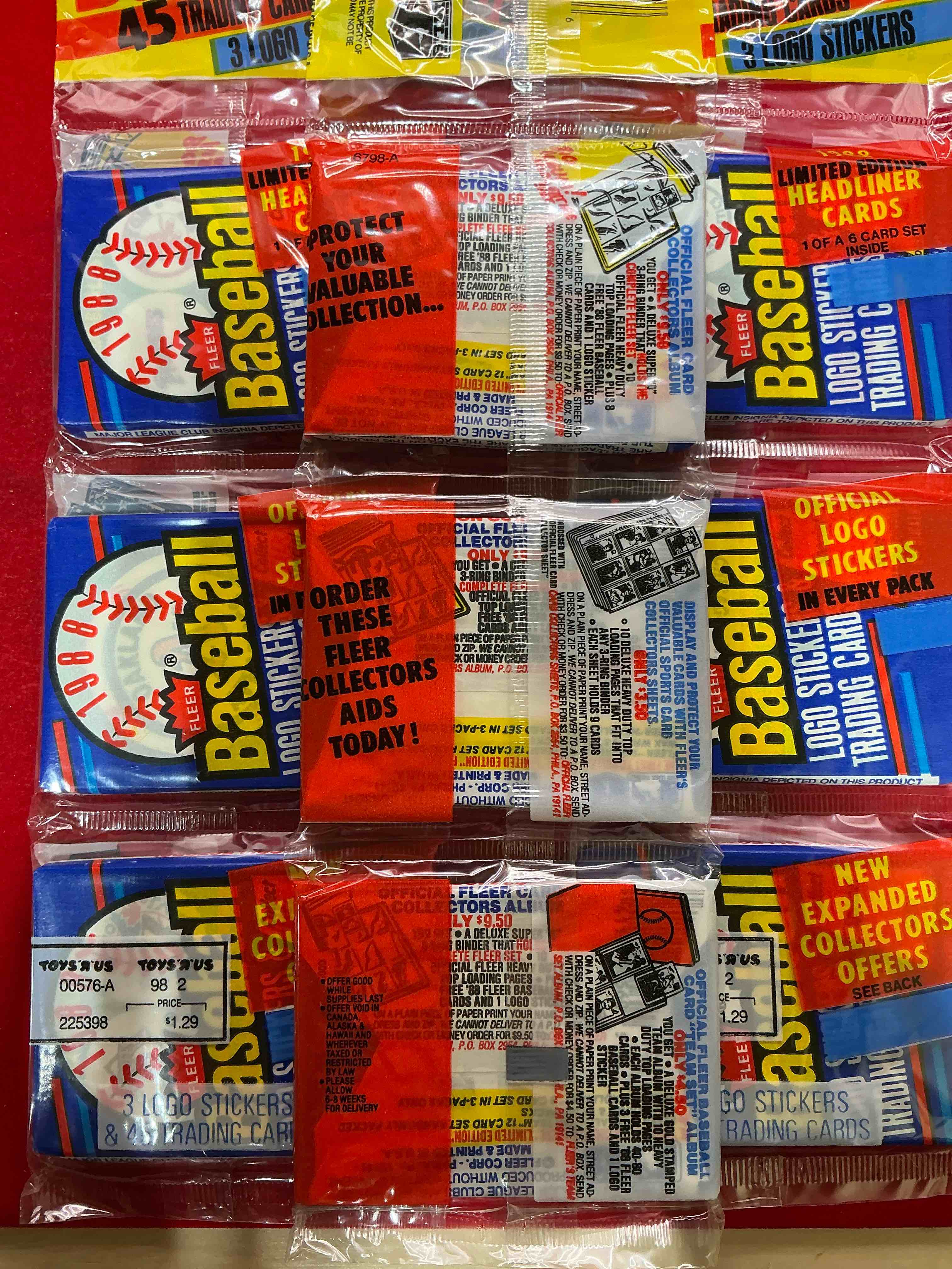 Condition photo showing New/Like New for 80's baseball rack packs! 1980’s baseball fan's rejoice! 1988 fleer baseball unopened wax “3-packs” full of collectible trading cards! each pack contains 3 1988 fleer wax packs! search for valuable don mattingly & nolan ryan cards worth hundreds in perfect condition!