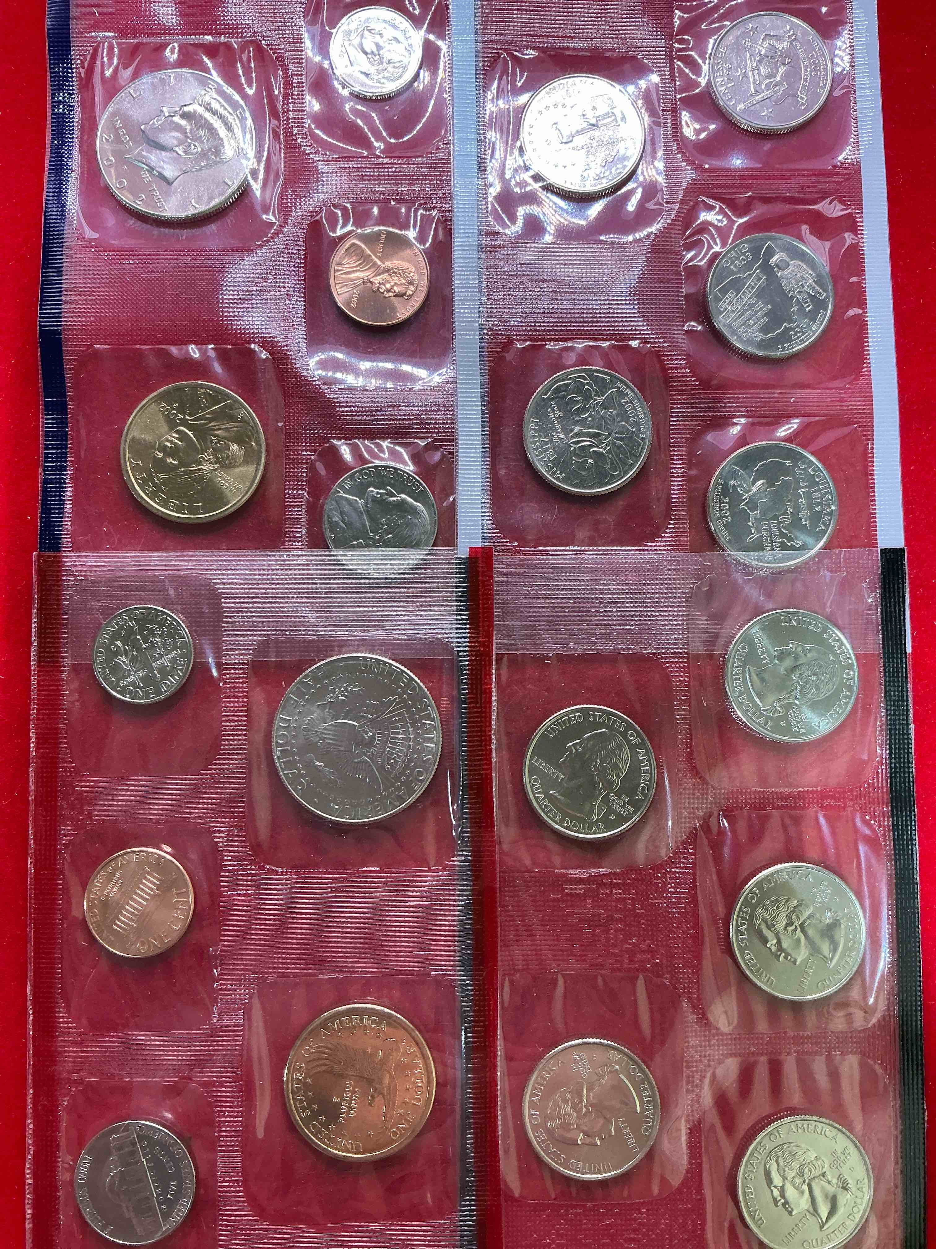2002 uncirculated mint coins! 20 coins from philadelphia & denver! 20 coin uncirculated lot, with state quarters, nickels, half dollars, dimes, pennies & more! uncirculated coin craziness!