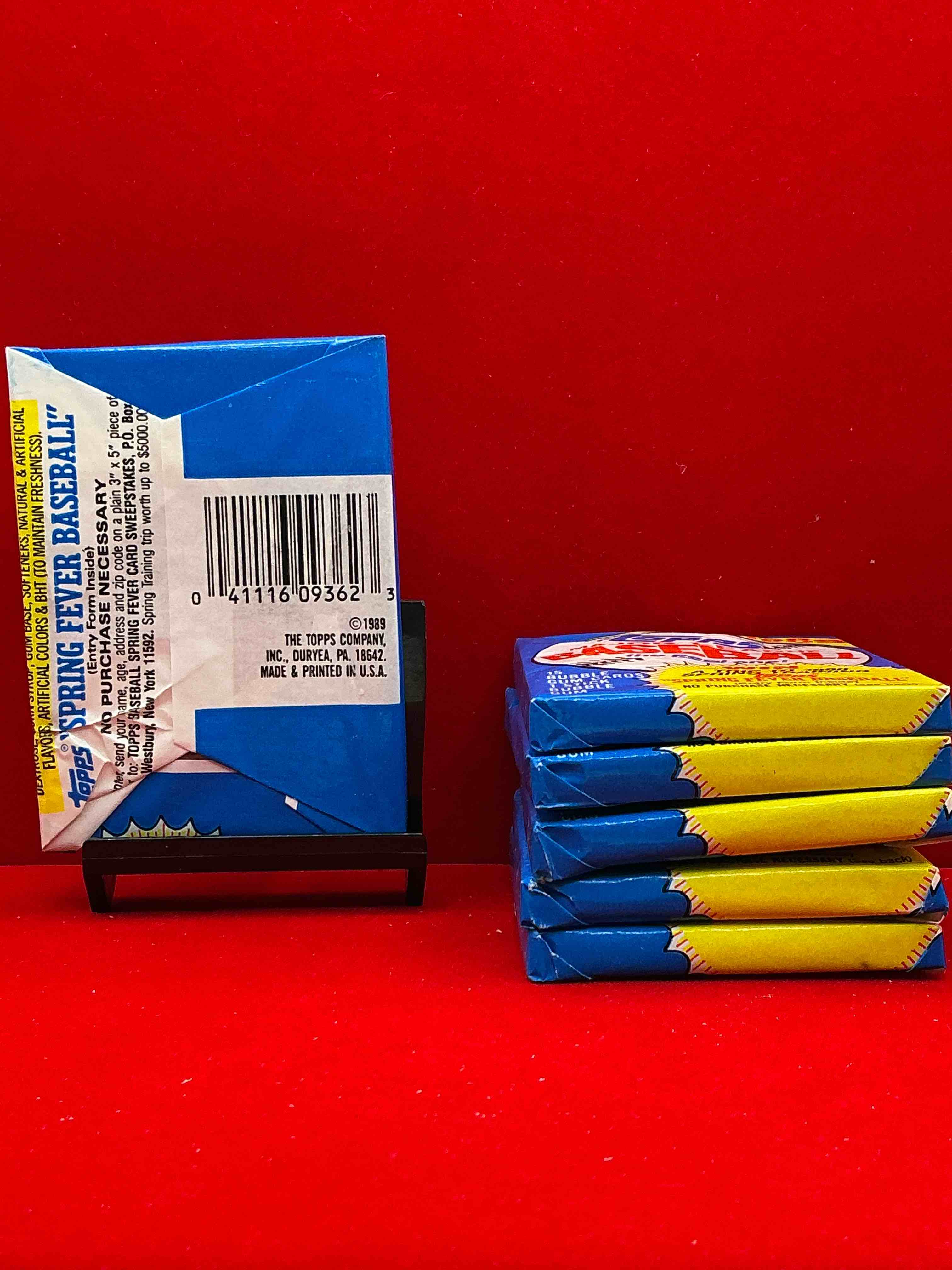 Condition photo showing New/Like New for john smoltz & randy johnson rookies!? 1989 topps baseball unopened sports card wax packs! direct from original retail case! search for valuable ken griffey jr. & randy johnson rookie cards as well as valuable bo jackson