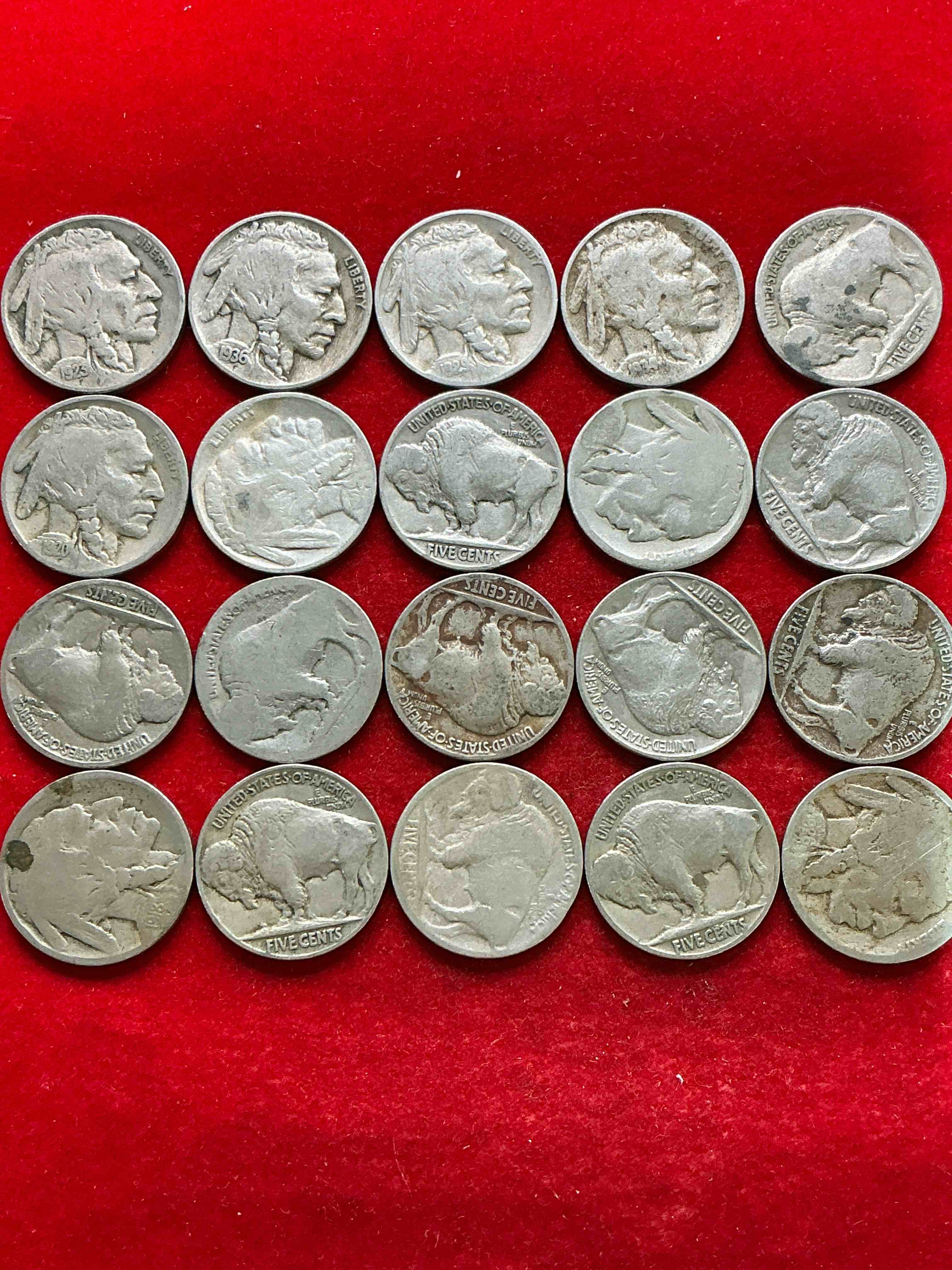 Condition photo showing Good Condition for historic buffalo nickels! indian head buffalo nickels were minted from 1913 to 1938 & have become a favorite for coin collectors around the world! own pieces of american history with these cool indian head buffalo nickels in circulated condition, most with visible dates is very rare for buffalo nickels!