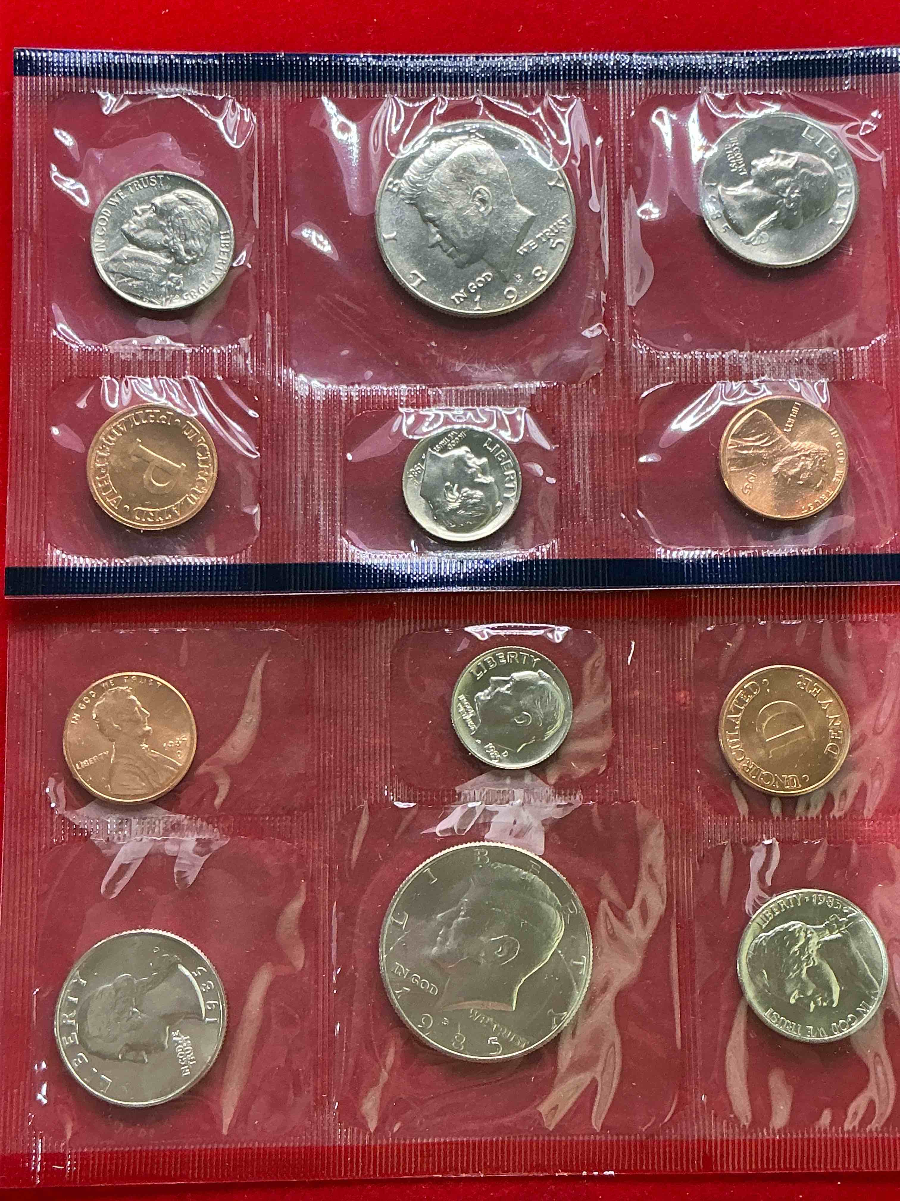 1985 uncirculated philadelphia & denver 12 coin mint combo! these beautiful, uncirculated coins are rare pieces of history! 1985 dimes, pennies half dollars, nickels & quarters!