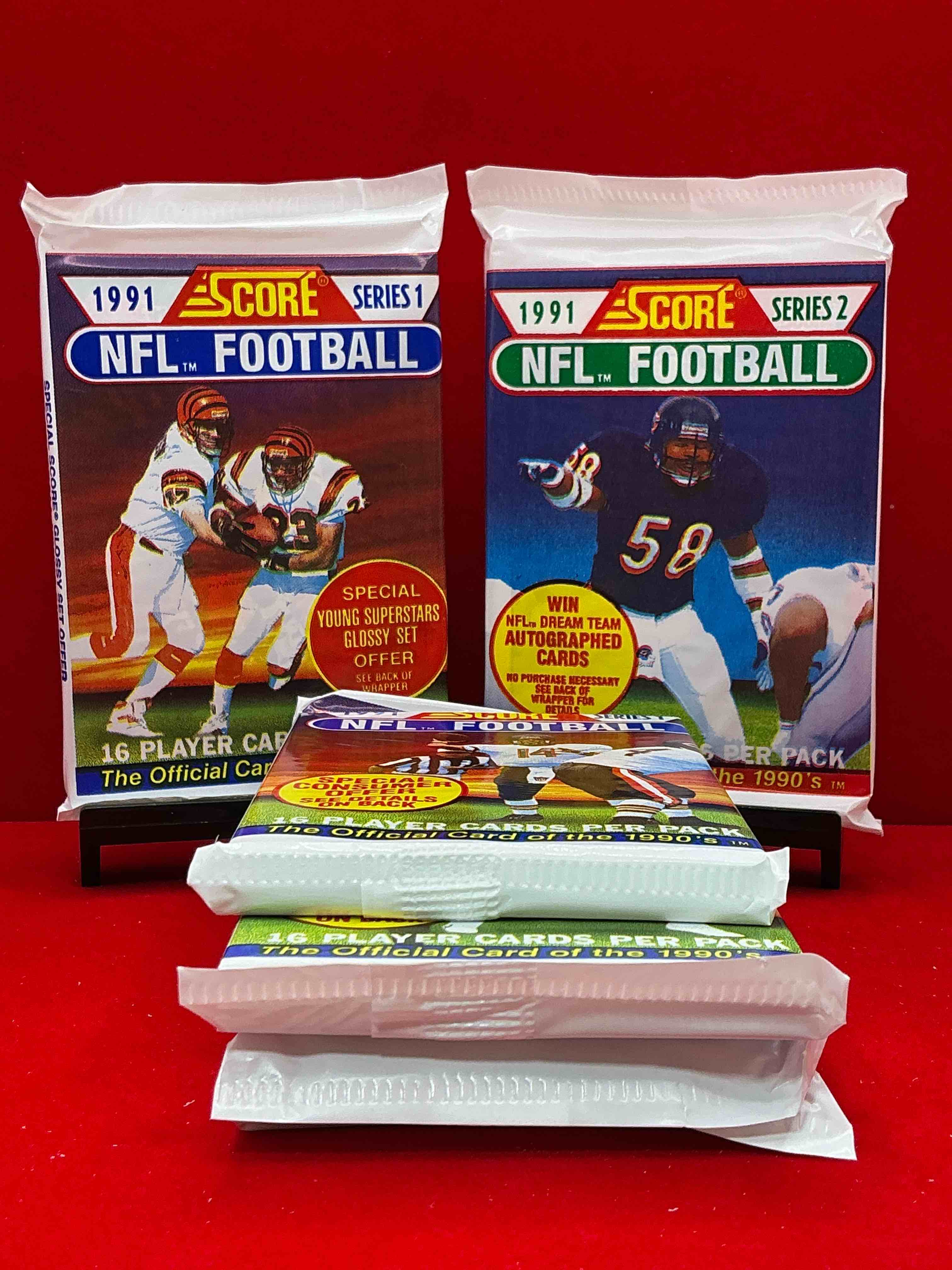 1991 nfl score football sealed card packs series i & ii direct from original retail case! these cards are sought after by collectors for their awesome, nostalgic look. search for brett favre rookie, early jerry rice, early emmit smith, joe montana & so much more!