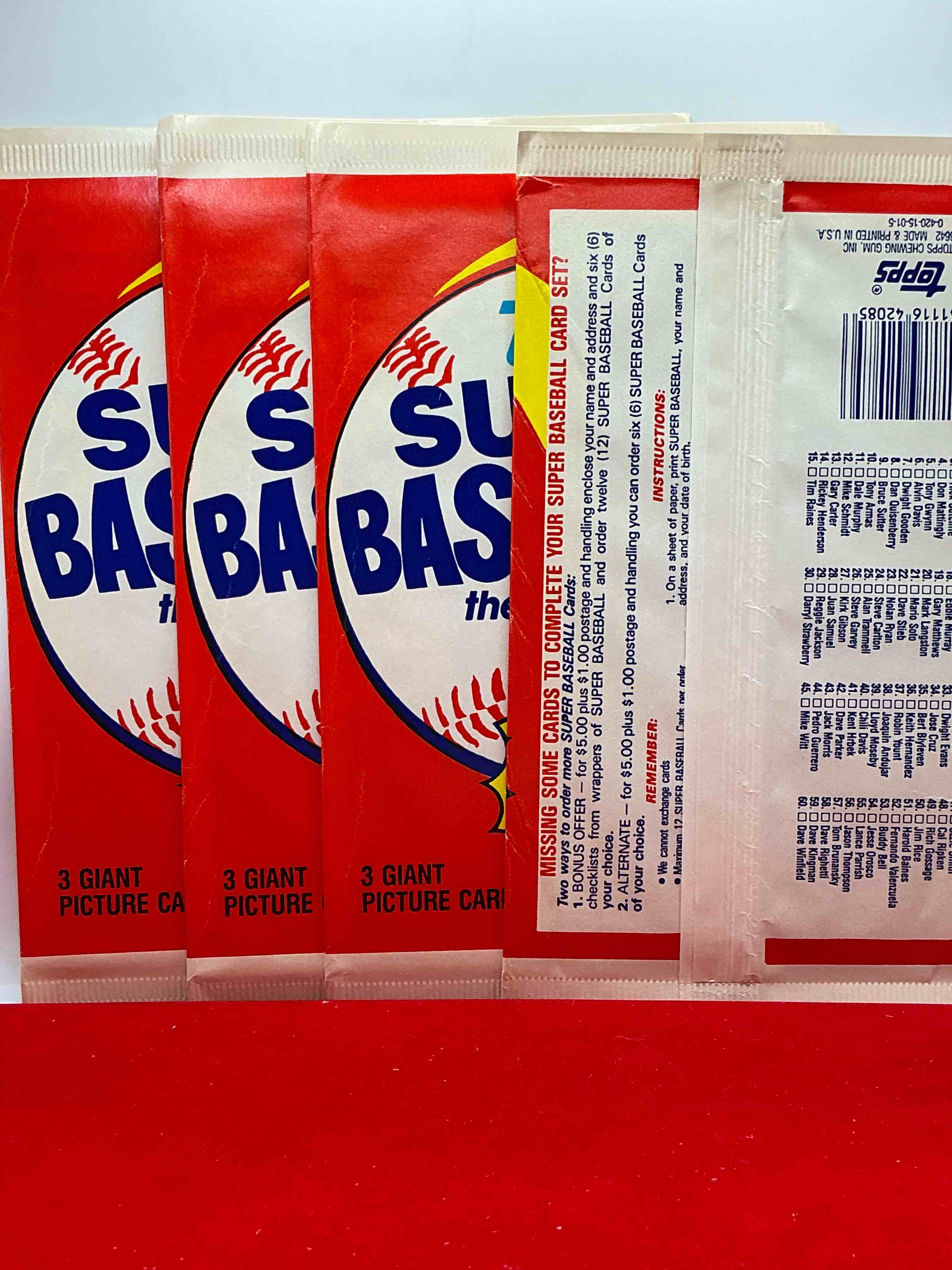 Condition photo showing New/Like New for 1985! topps super baseball giant photo cards! 1985 baseball cards are super rare & cool! 3 giant picture card per pack… which baseball legends can you pull!? excellent condition, unopened direct from original retail case!