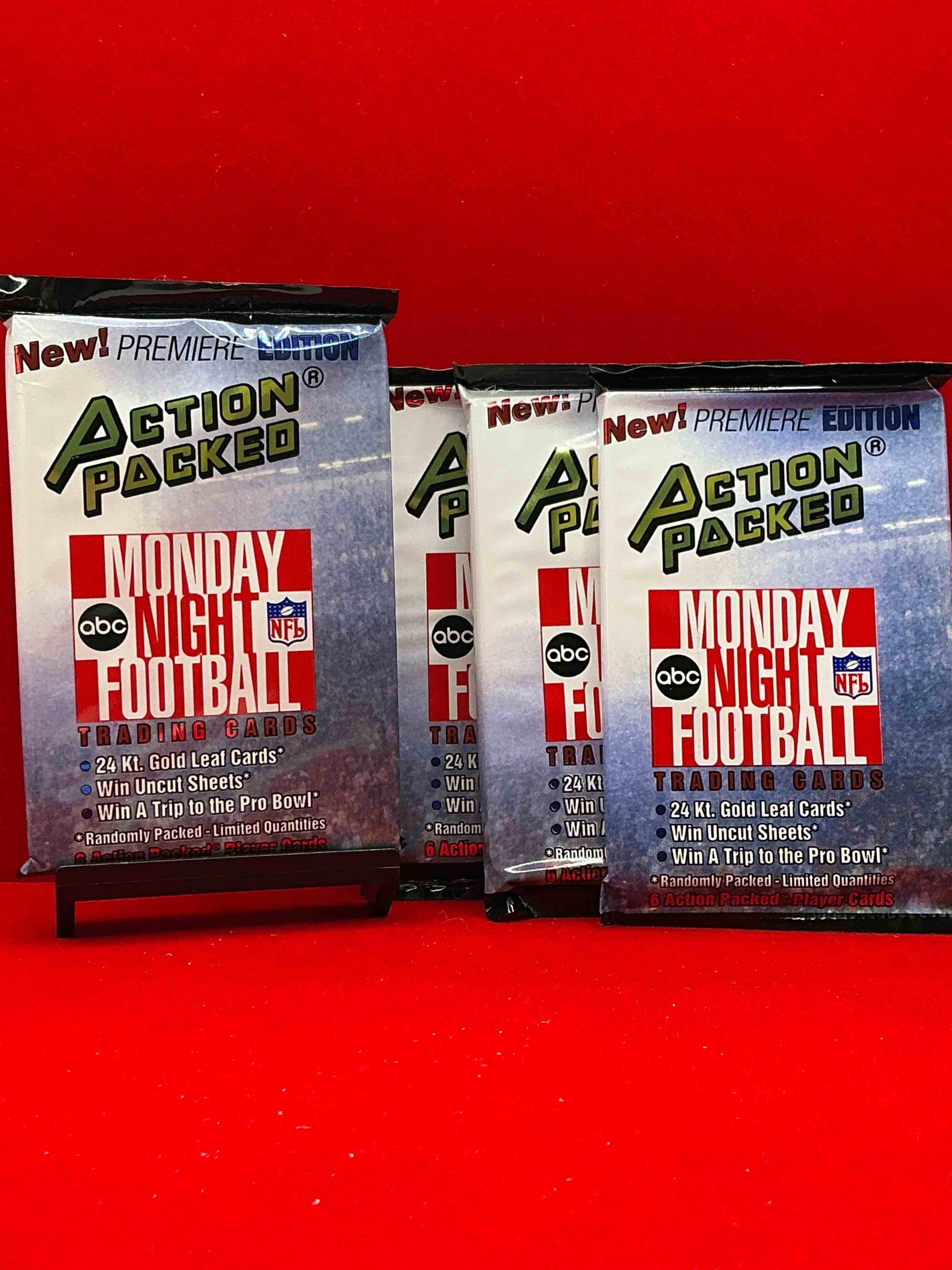 monday night football! rare edition! 1993 nfl action packed! guaranteed star card inside! possible 24k gold leaf cards! awesome nfl packs! search for stars, michael irvin, jerry rice, joe montana, bo jackson, barry sanders & more!