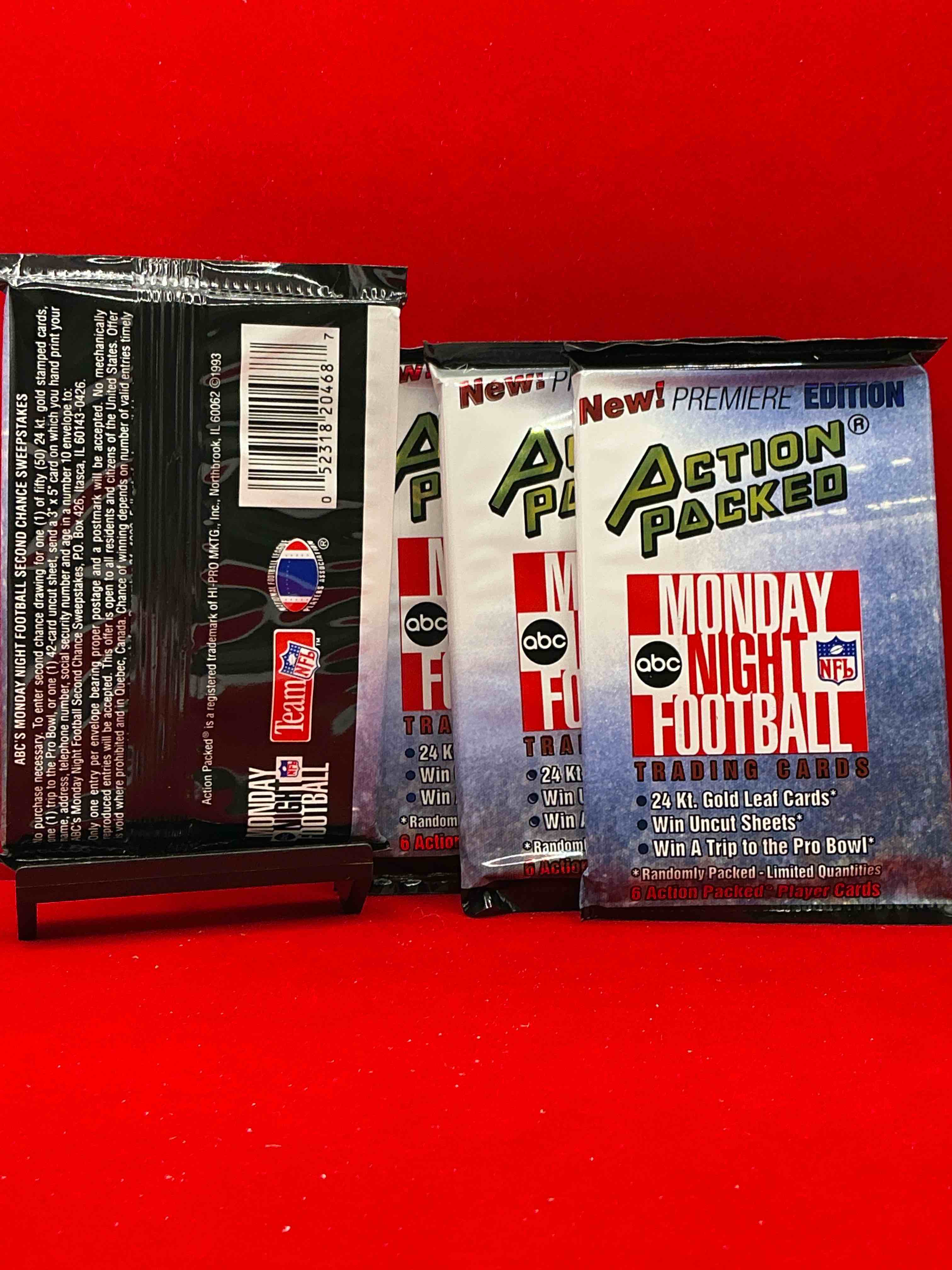 Condition photo showing New/Like New for monday night football! rare edition! 1993 nfl action packed! guaranteed star card inside! possible 24k gold leaf cards! awesome nfl packs! search for stars, michael irvin, jerry rice, joe montana, bo jackson, barry sanders & more!