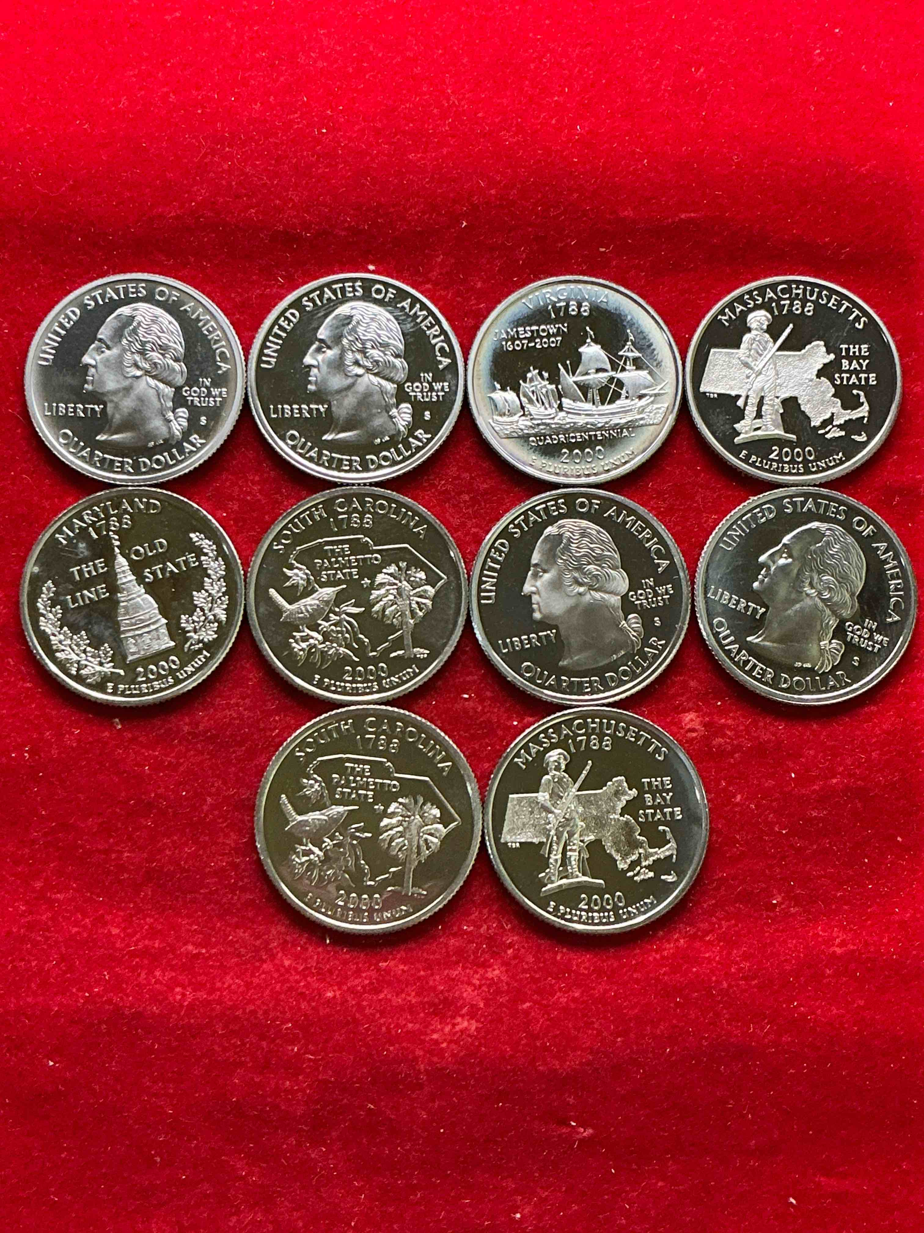 Condition photo showing New/Like New for proof quarters, year 2000!  a great collection of various proof state quarters from year 2000, uncirculated proof condition!  these quarters are gorgeous & serious collector items!  