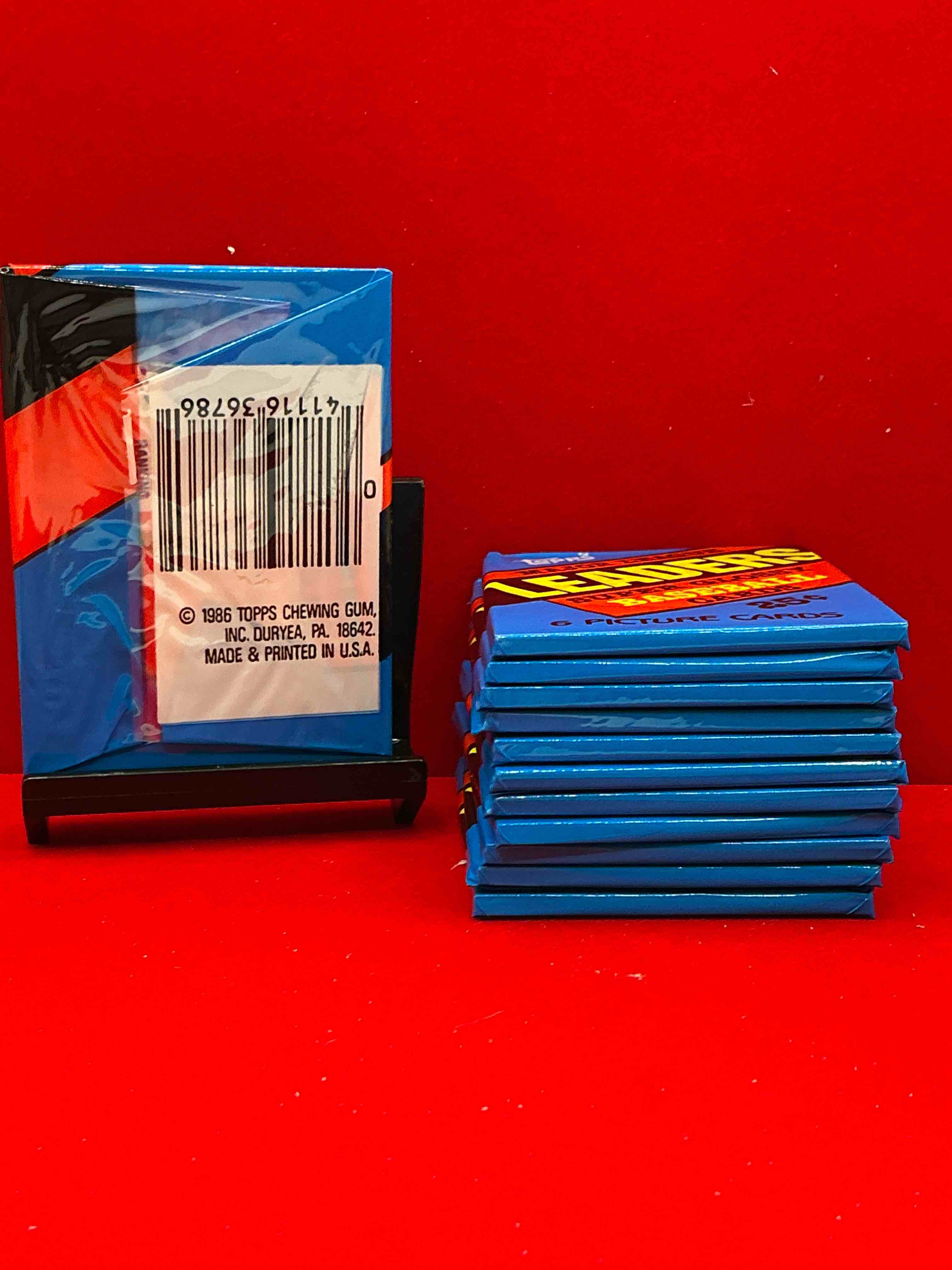 Condition photo showing New/Like New for ultra rare! 1986 "mlb leaders" unopened miniature baseball collectible card packs, 6 cards per pack, direct from original retail case. super rare, impossible to find! like new condition!
