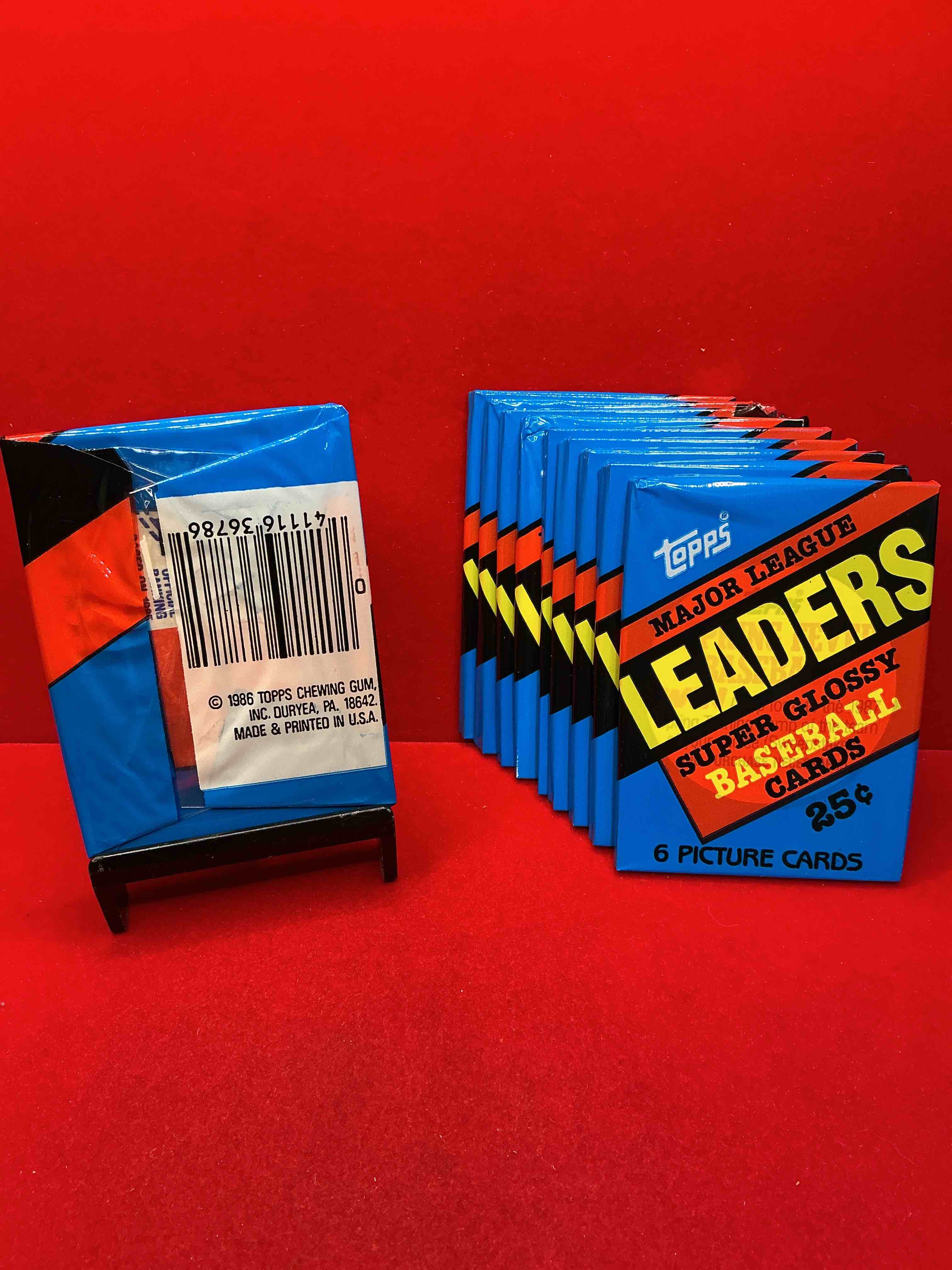 Condition photo showing New/Like New for ultra rare! 1986 "mlb leaders" unopened miniature baseball collectible card packs, 6 cards per pack, direct from original retail case. super rare, impossible to find! like new condition!