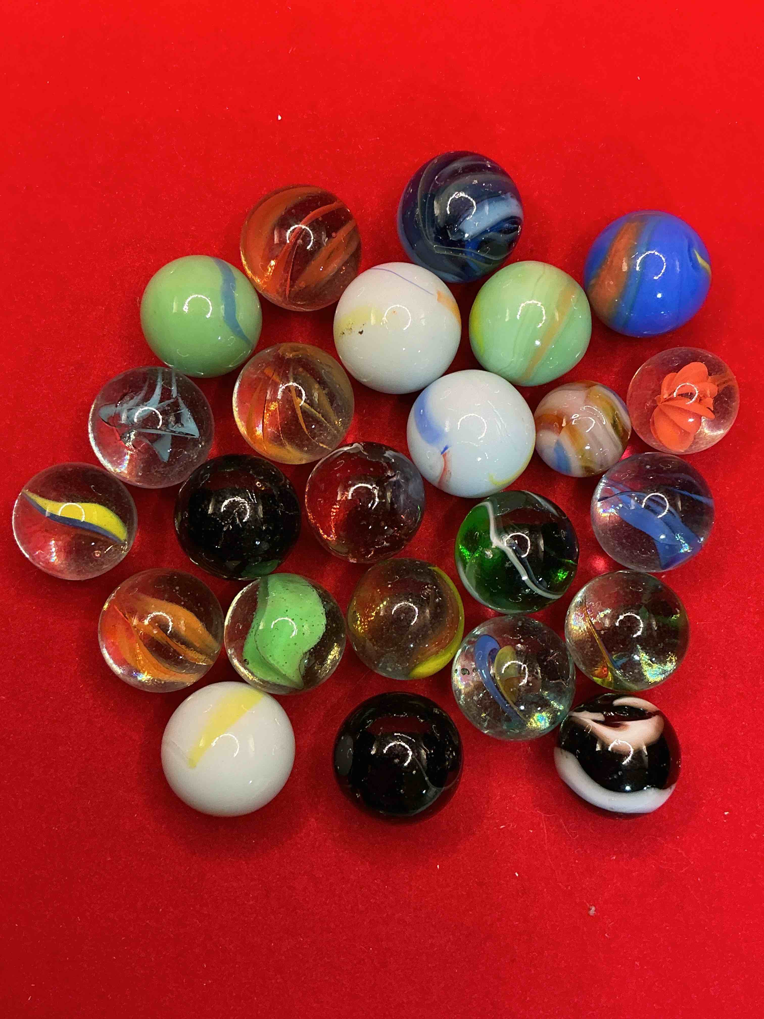 Condition photo showing Good Condition for antique glass marbles! genuine stunning marbles lot, some marbles made between the years 1925-1965 & some may be made with uranium! some may are great depression era & even earlier! gorgeous, authentic pieces of history!