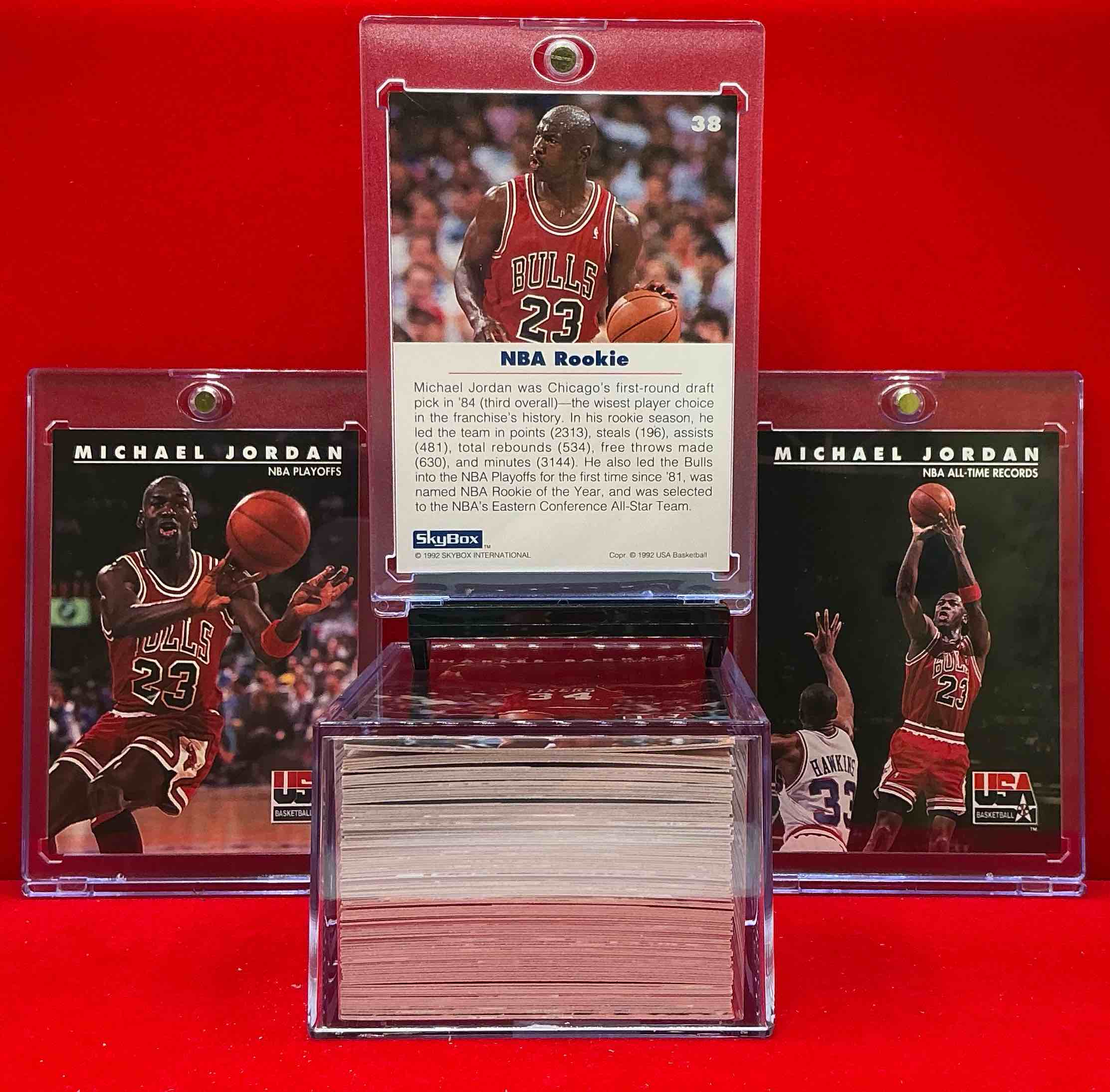 Condition photo showing New/Like New for extremely coveted michael jordan cards! 1992 skybox team usa “dream team” complete 110 card craziness! every player from the dream team all in one place! 9 cards each of michael jordan, scottie pippen, magic johnson, patrick ewing, larry bird, karl malone, chris mullen, john stockton & david robinson! basketball fans rejoice!