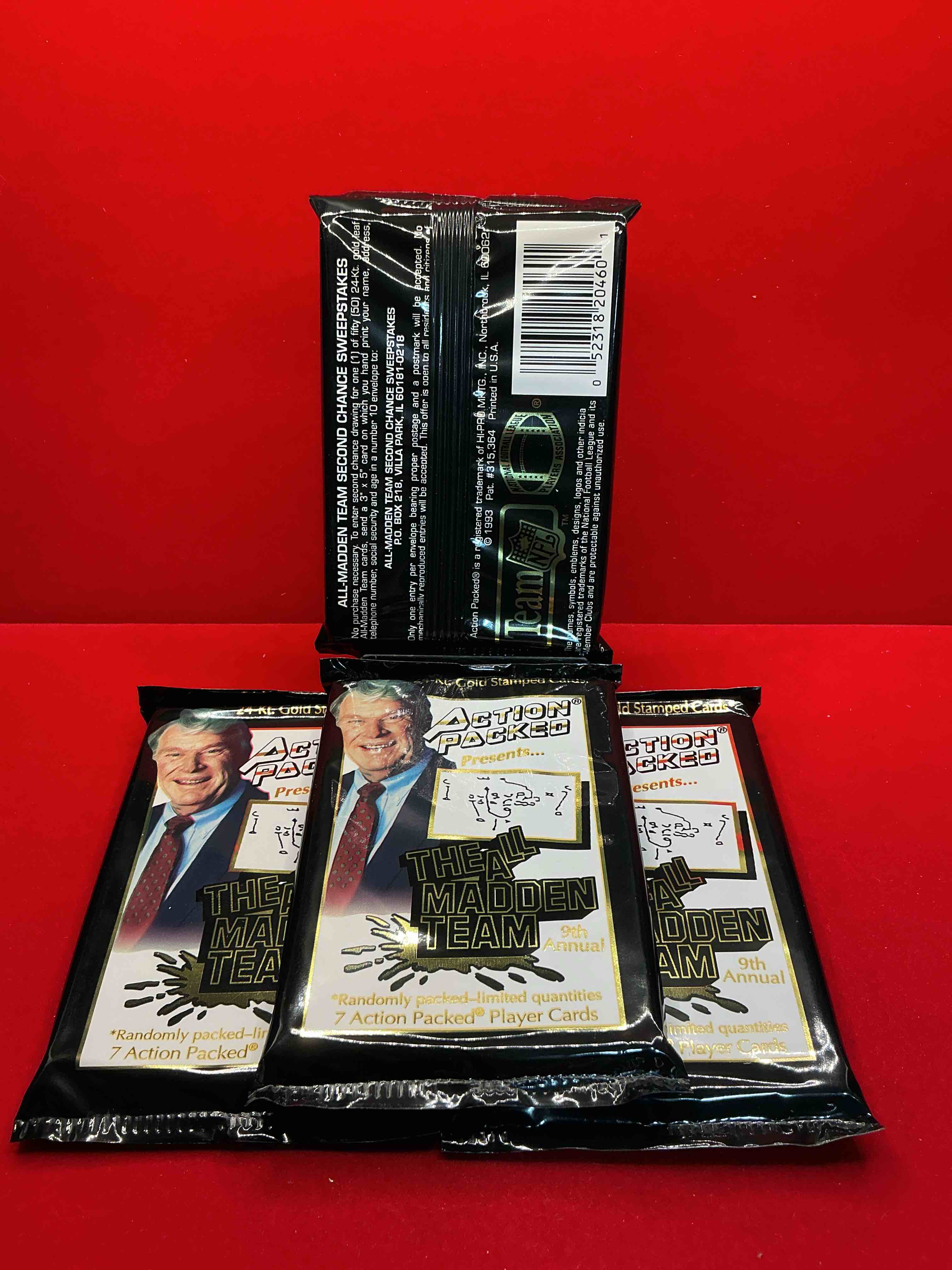 Condition photo showing New/Like New for 1993 nfl action packed! guaranteed star card inside! possible 24k gold leaf cards! awesome nfl packs! search for stars, michael irvin, jerry rice, joe montana, bo jackson, barry sanders & more!