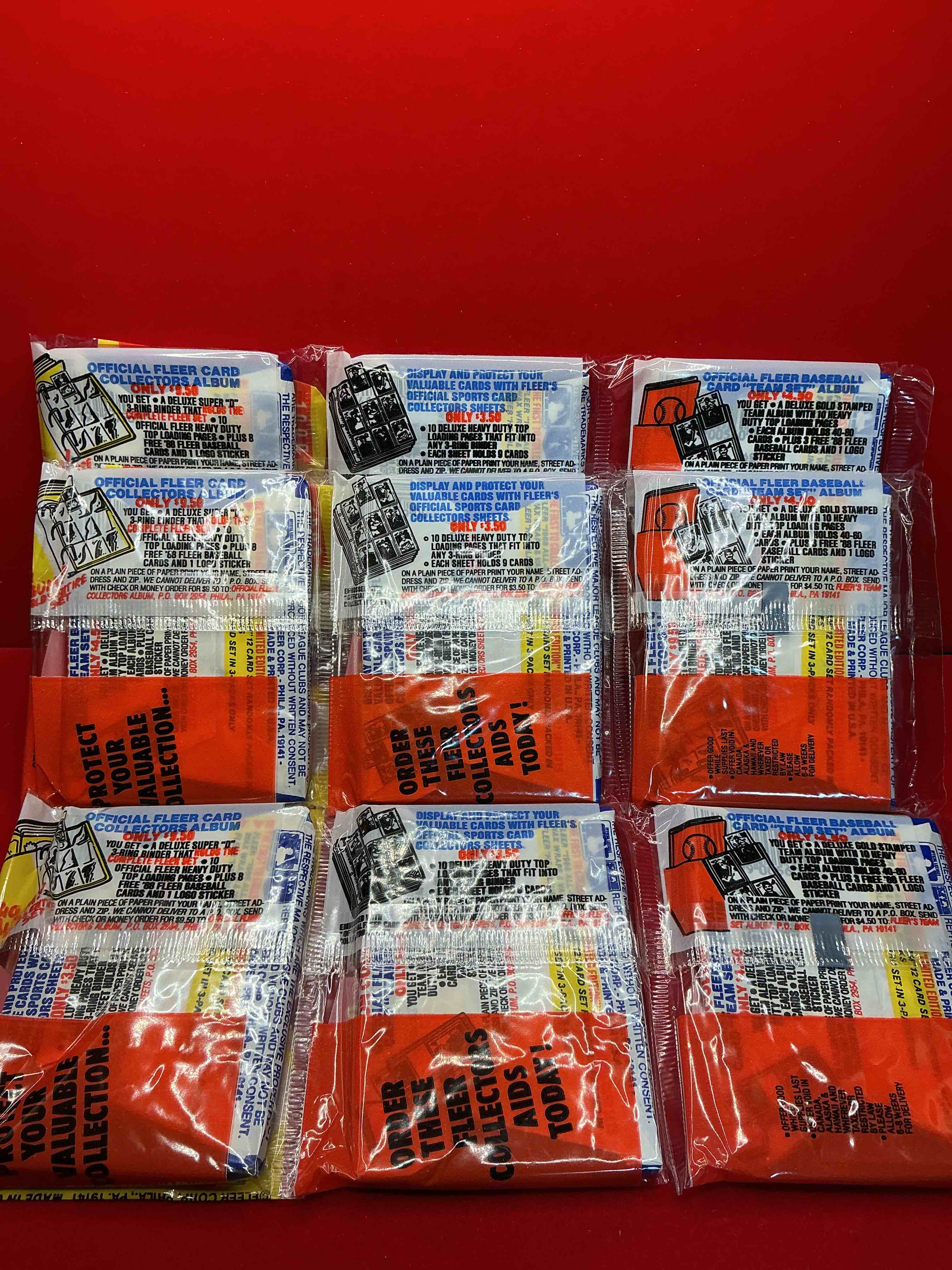 Condition photo showing New/Like New for 80's baseball fan's rejoice! 1988 fleer baseball unopened wax “3-packs” full of collectible trading cards! each pack contains 3 1988 fleer wax packs! search for valuable don mattingly & nolan ryan cards worth hundreds in perfect condition!