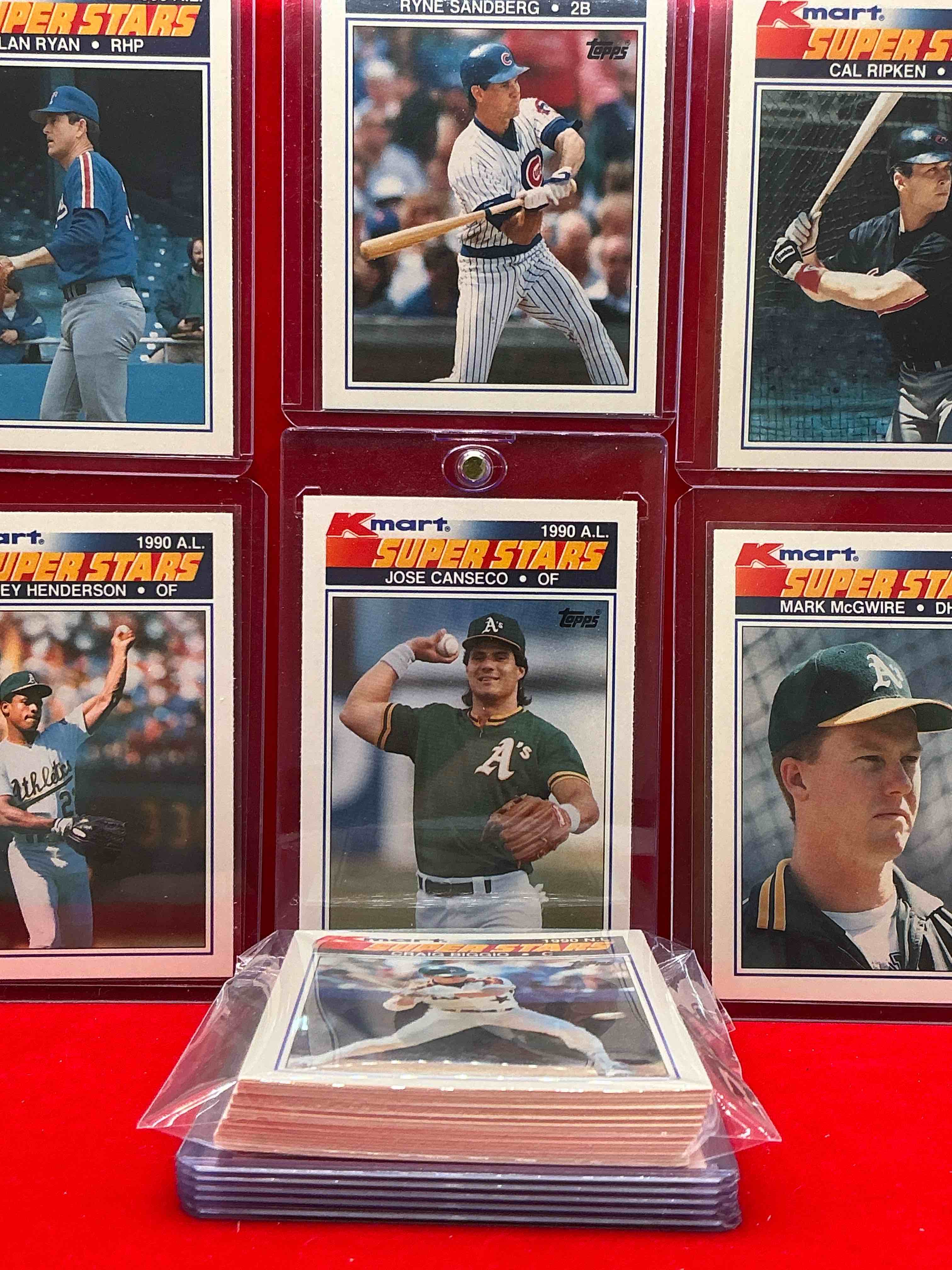 Condition photo showing New/Like New for k-mart exclusive topps baseball superstars! jose canseco, mark mcgwire, rickey henderson, ryne sandberg, nolan ryan & more! 33 card collector’s edition topps baseball superstars! k-mart exclusive edition!