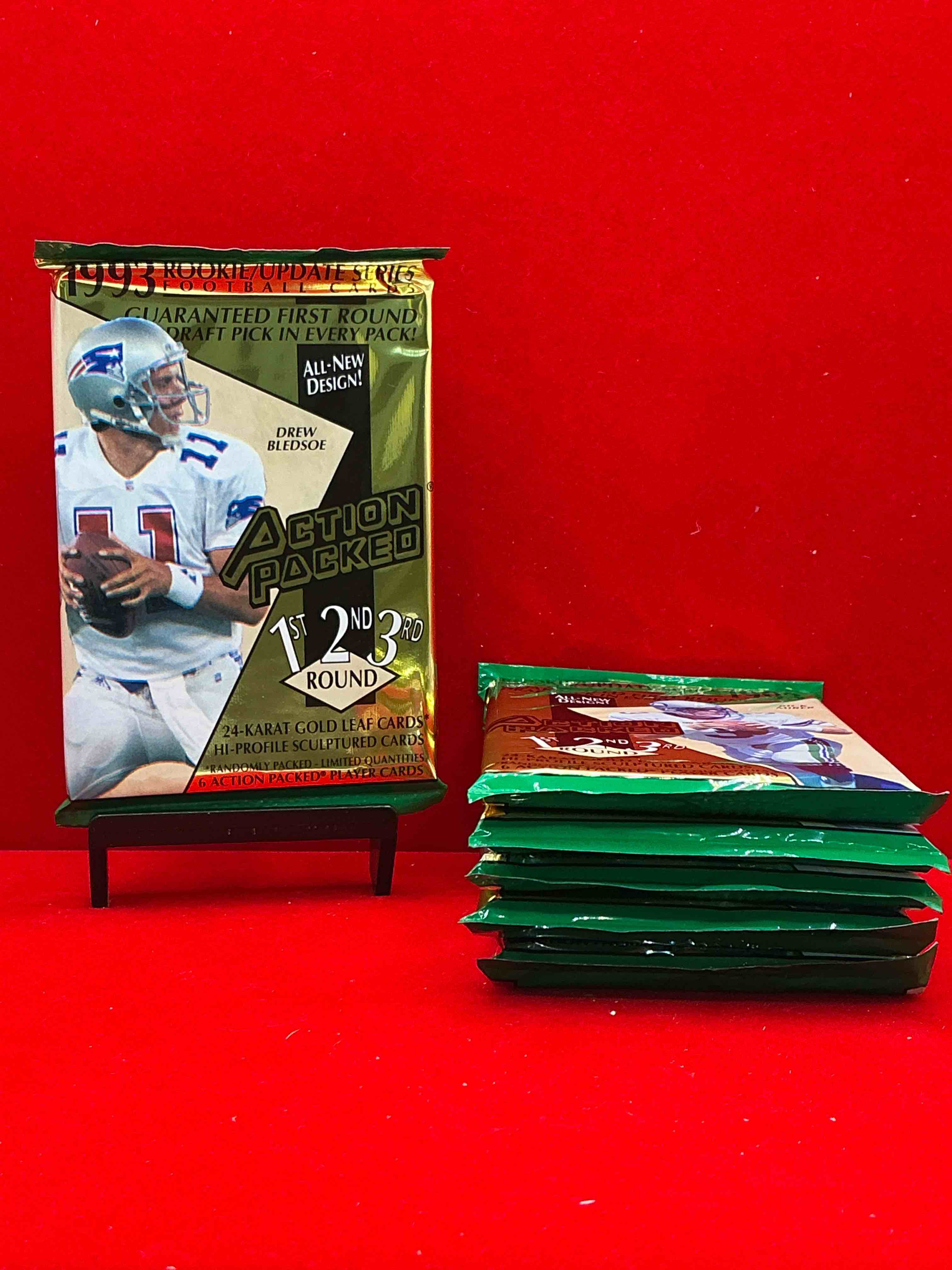 1993 nfl action packed rookie update series! guaranteed star card inside! possible 24k gold leaf cards! awesome nfl packs! search for stars, michael irvin, jerry rice, joe montana, bo jackson, barry sanders & more!