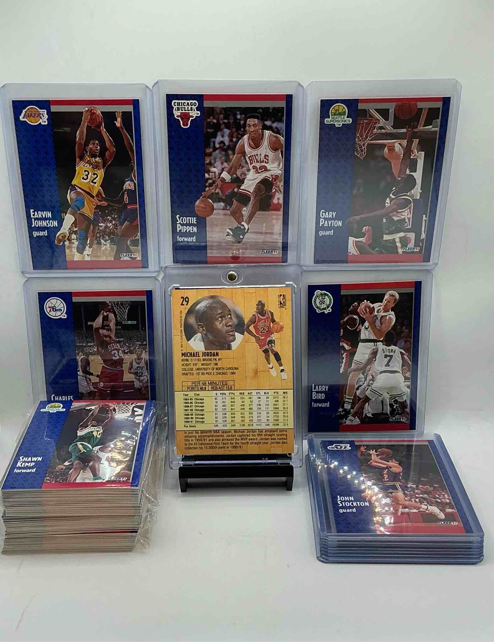 Condition photo showing New/Like New for michael jordan! 1991 fleer 100 card basketball! all stars, league leaders, commons & more! the best cards from the year! michael jordan, larry bird, magic johnson, scottie pippen, david robinson, charles barkley, akeem olajuwon, karl malone, clyde drexler & more! all stars, hall of famers, champions & more, the perfect mix of miscellaneous '91 nba variety!