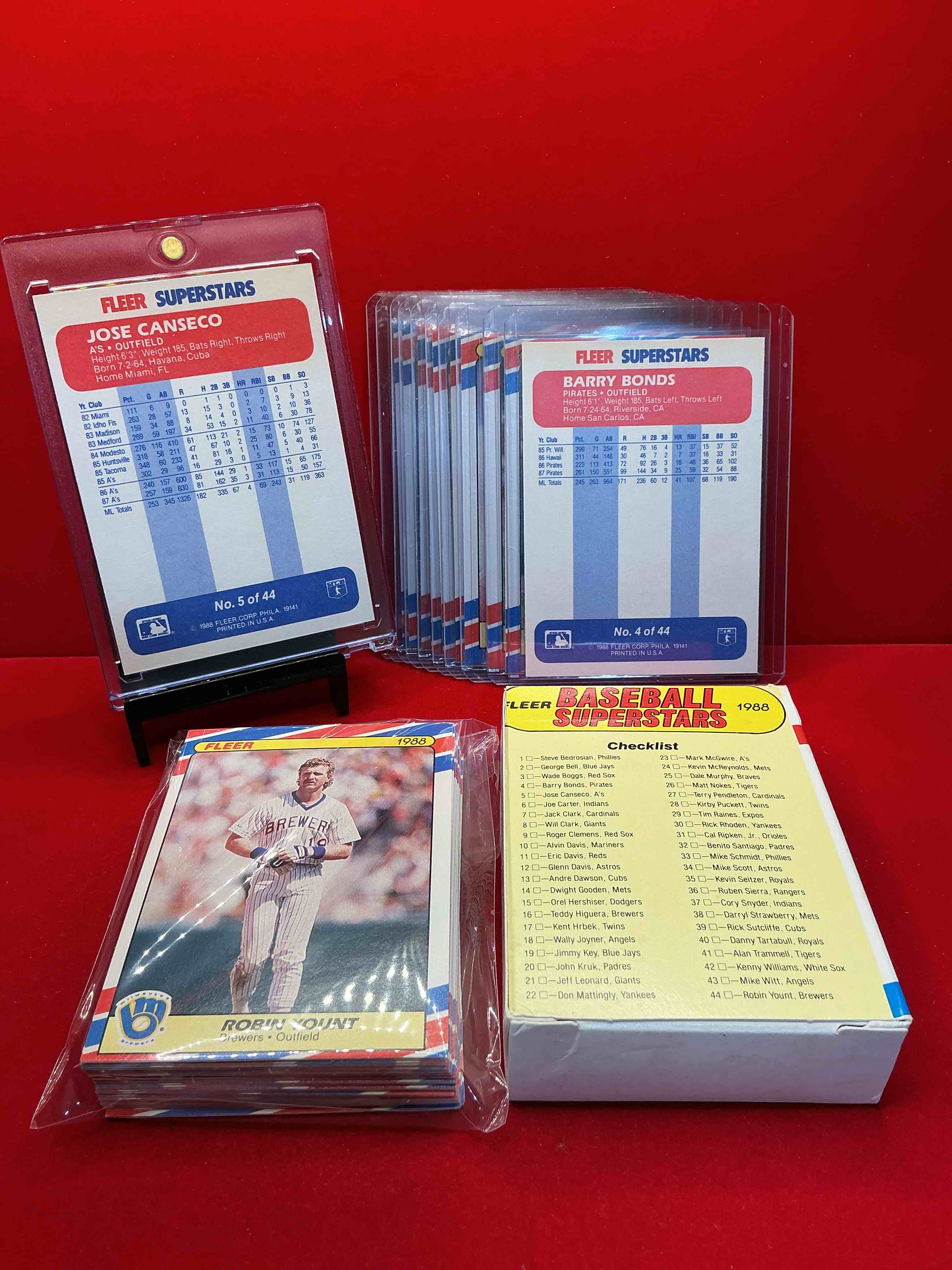 Condition photo showing New/Like New for jose canseco, bo jackson, barry bonds & more! 1988 fleer baseball 50 card craziness! bo jackson, barry bonds, kirby puckett, rickey henderson, don mattingly, wade boggs, fernando valenzuela, nolan ryan, roger clemens & more! the best players from the time! super rare set with all of these stars! 50 card craziness! legends, heroes & commons!