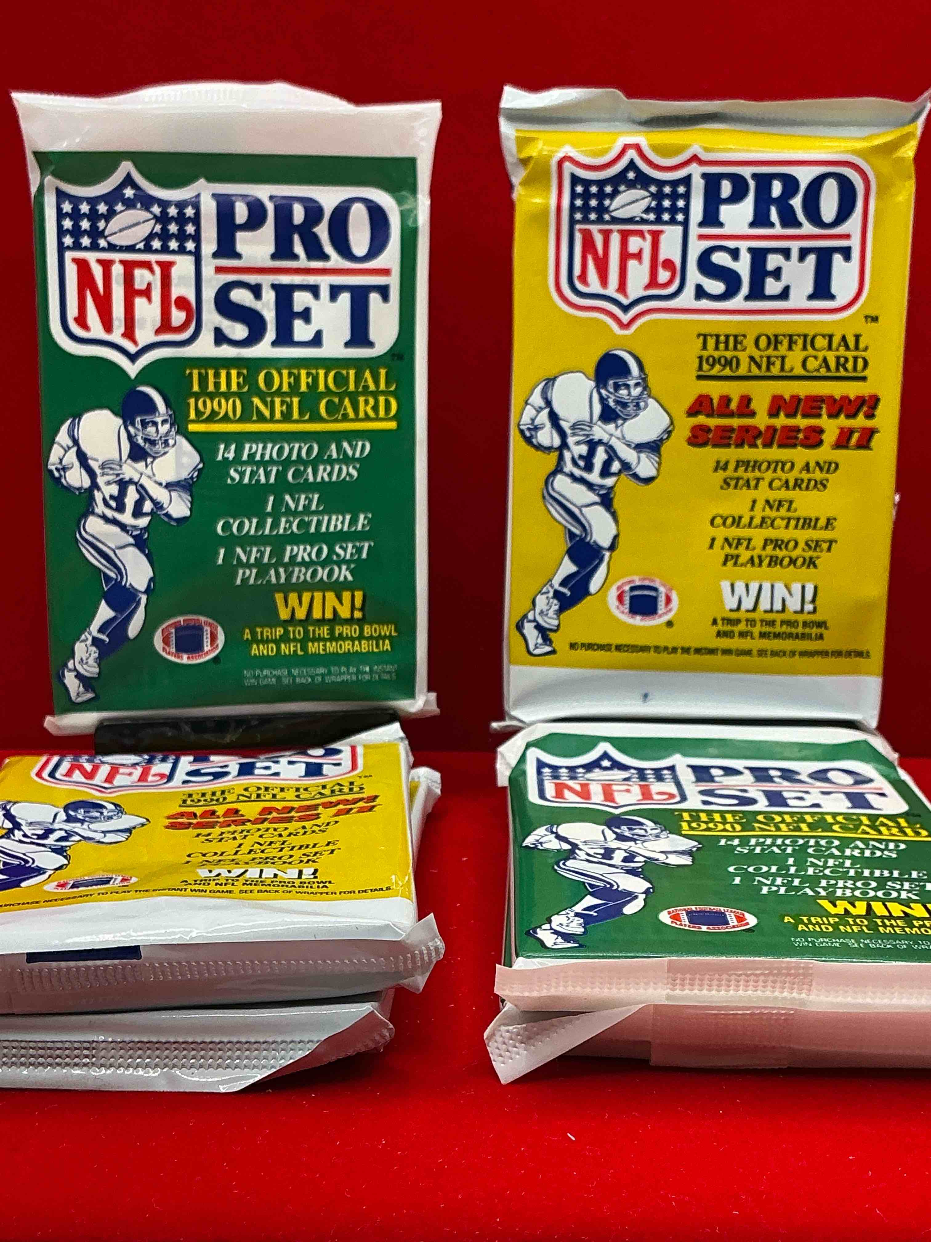 Condition photo showing New/Like New for wow! 1990 pro set football sealed card packs, series i & ii, direct from original retail case!highly sought after by collectors as this year is loaded with high profile cards!search for cards from barry sanders, deion sanders, troy aikman, michael irvin & much more! getting hard to find!