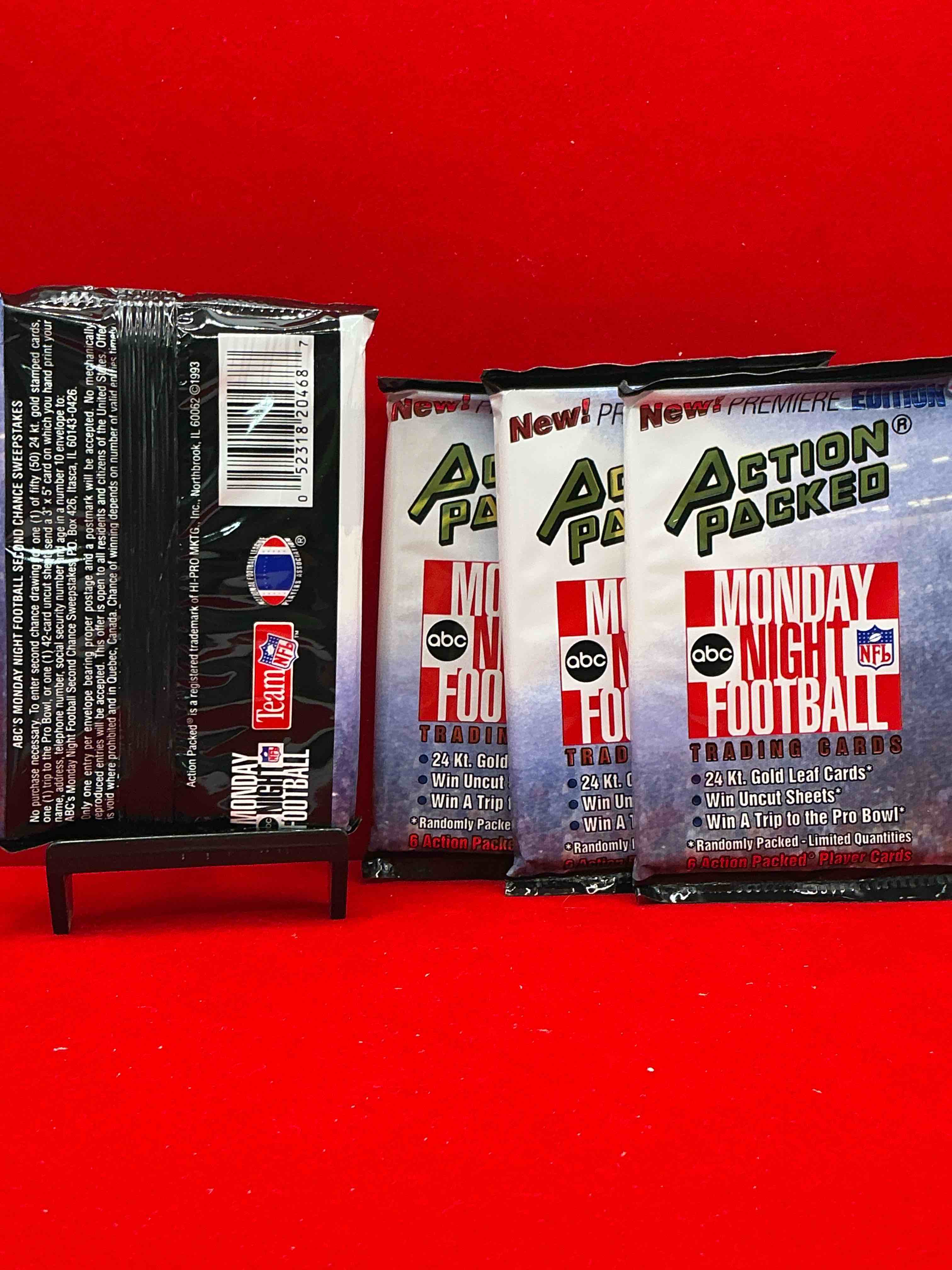 Condition photo showing New/Like New for monday night football! rare edition! 1993 nfl action packed! guaranteed star card inside! possible 24k gold leaf cards! awesome nfl packs! search for stars, michael irvin, jerry rice, joe montana, bo jackson, barry sanders & more!