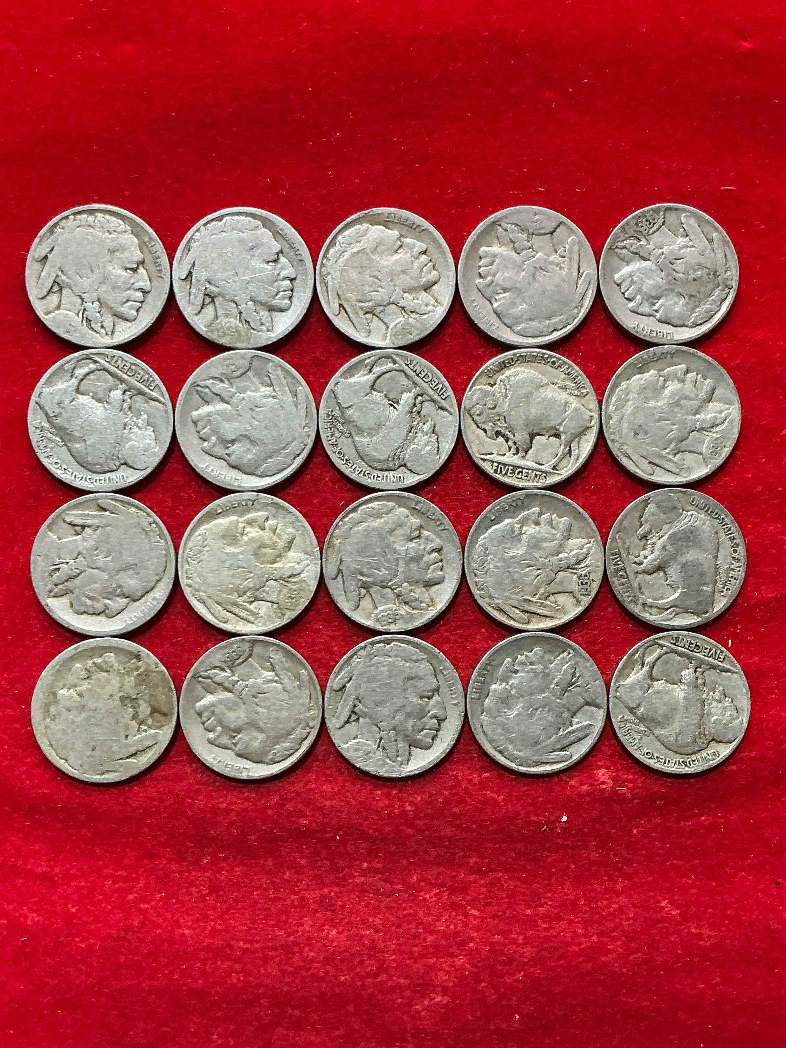 Condition photo showing Good Condition for historic buffalo nickels! indian head buffalo nickels were minted from 1913 to 1938 & have become a favorite for coin collectors around the world! own pieces of american history with these cool indian head buffalo nickels in circulated condition, some with visible dates is very rare for buffalo nickels!