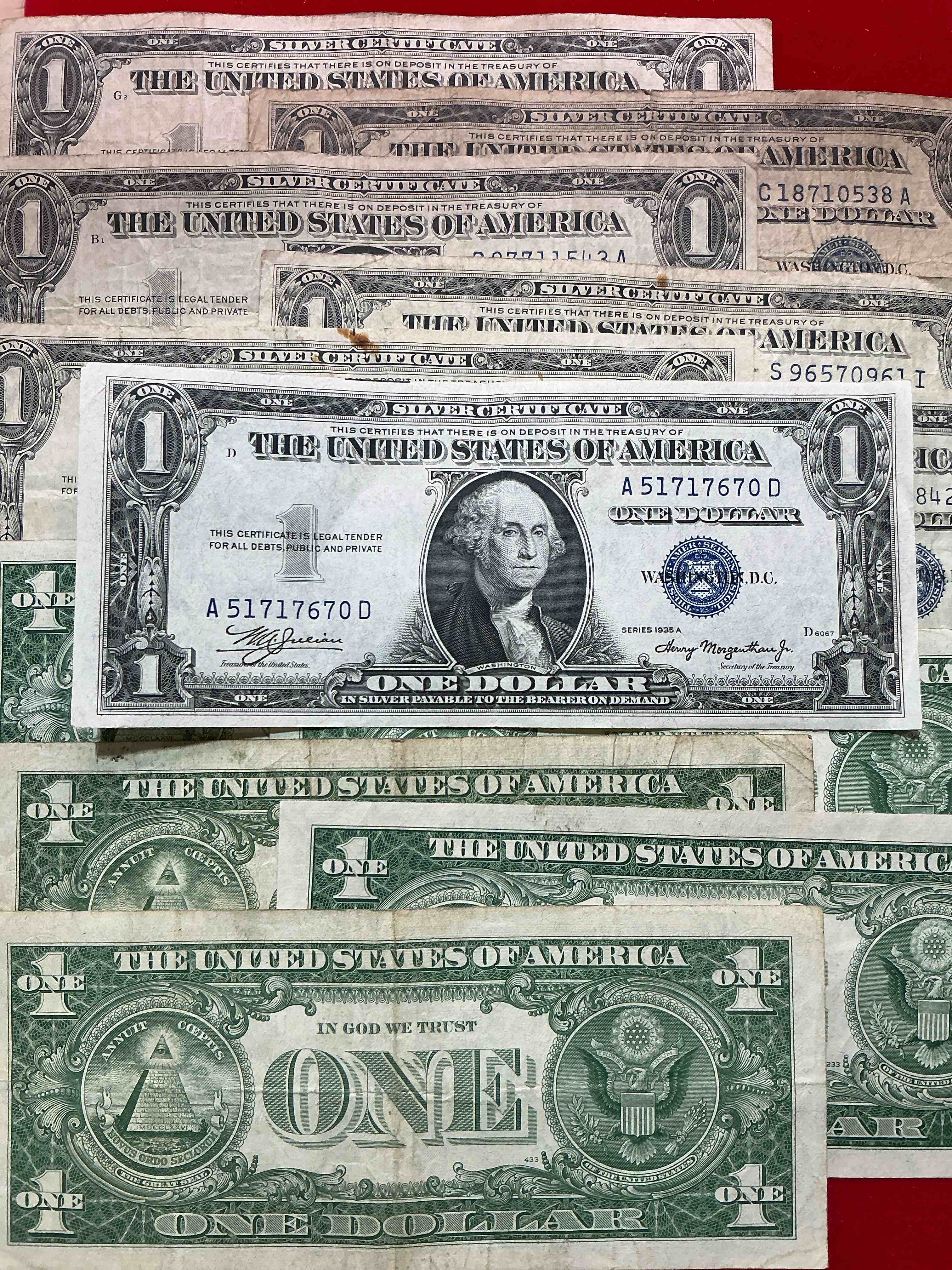 Condition photo showing Good Condition for 1957 & 1935 series silver certificates! did you know that prior to 1964 one dollar u.s. paper money was actually redeemable for silver dollars?! wow how times have changed! silver certificates were produced from 1878 to 1964 & are still considered legal tender at face value. here are gorgeous, circulated 1957 u.s. one dollar silver certificate, with highly collectible "blue seal!* own an awesome piece of history!